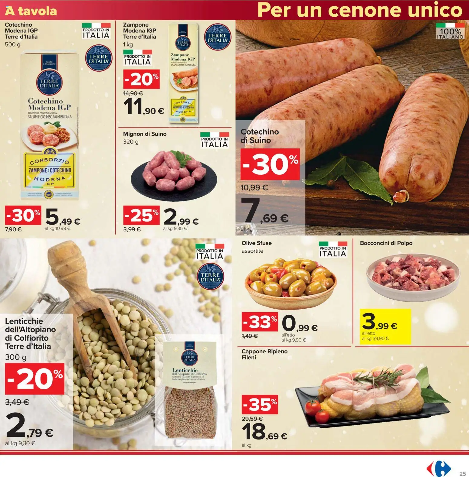 Volantino Carrefour del 16.12.2025 | Pagina: 25 | Prodotti: Lenticchie, Suino, Olive, Cotechino