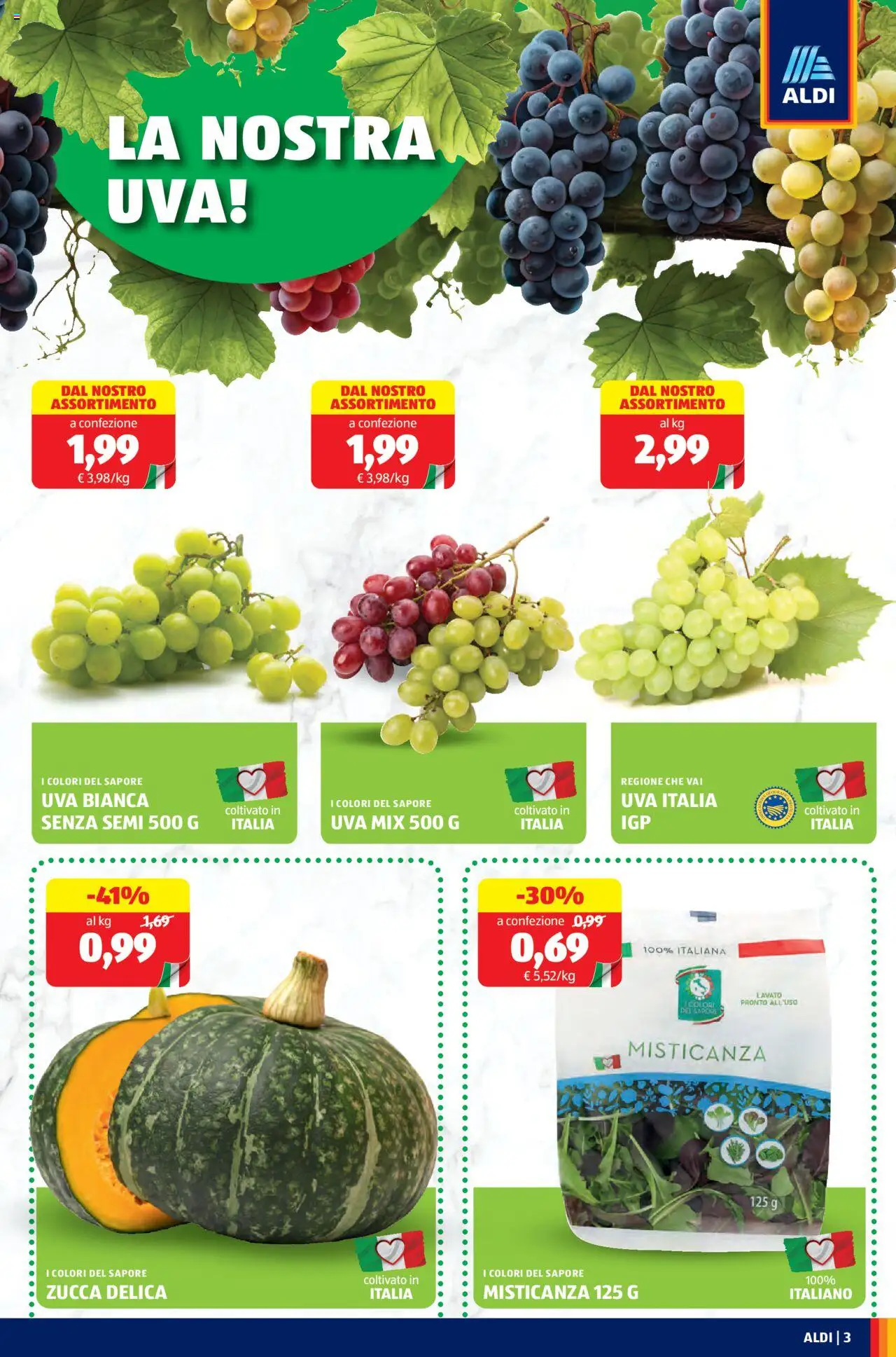 Volantino Aldi del 22.09.2025 | Pagina: 3 | Prodotti: Misticanza, Zucca, Uva