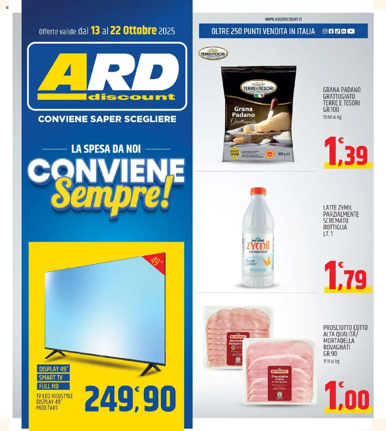 Volantino ARD Discount del 13.10.2025 | Pagina: 1 | Prodotti: Prosciutto Cotto, smart TV, Grana Padano, Bottiglia