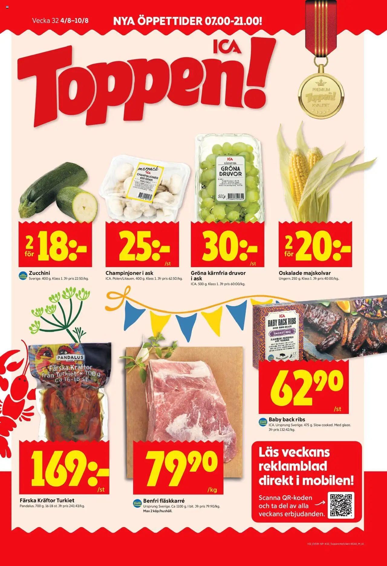 ICA Kvantum reklamblad aktuell från 04.08.2025 | Sida: 1 | Produkter: Kräftor, Champinjoner, Zucchini