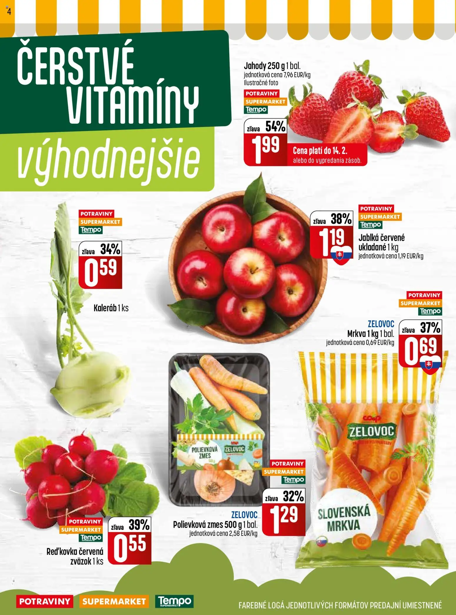 Nové COOP Jednota akcie – leták je platný od 12.02.2026 | Strana: 4 | Produkty: Jablká, Jahody, Mrkva