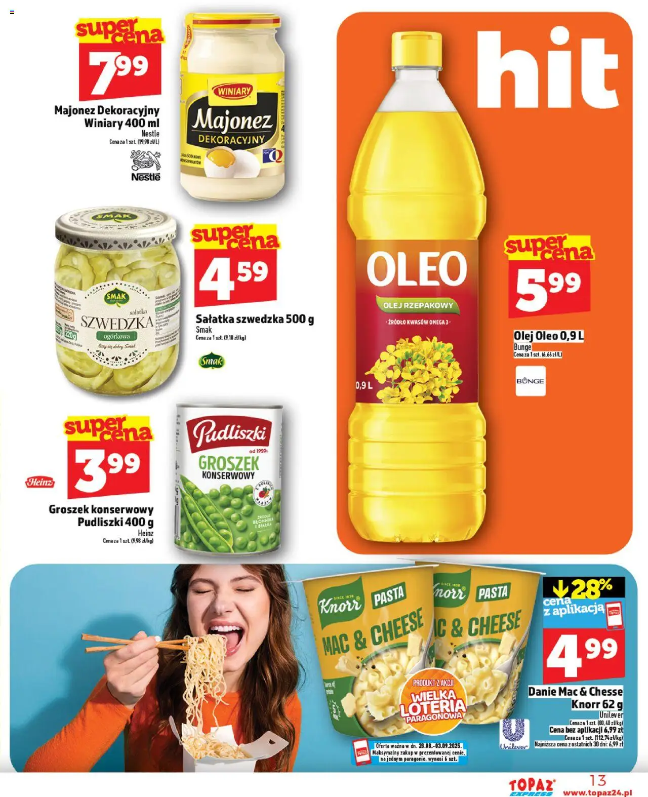 Topaz Gazetka - Express od 28.08.2025 | Strona: 13 | Produkty: Sałatka szwedzka, Majonez winiary, Sałatka, Majonez