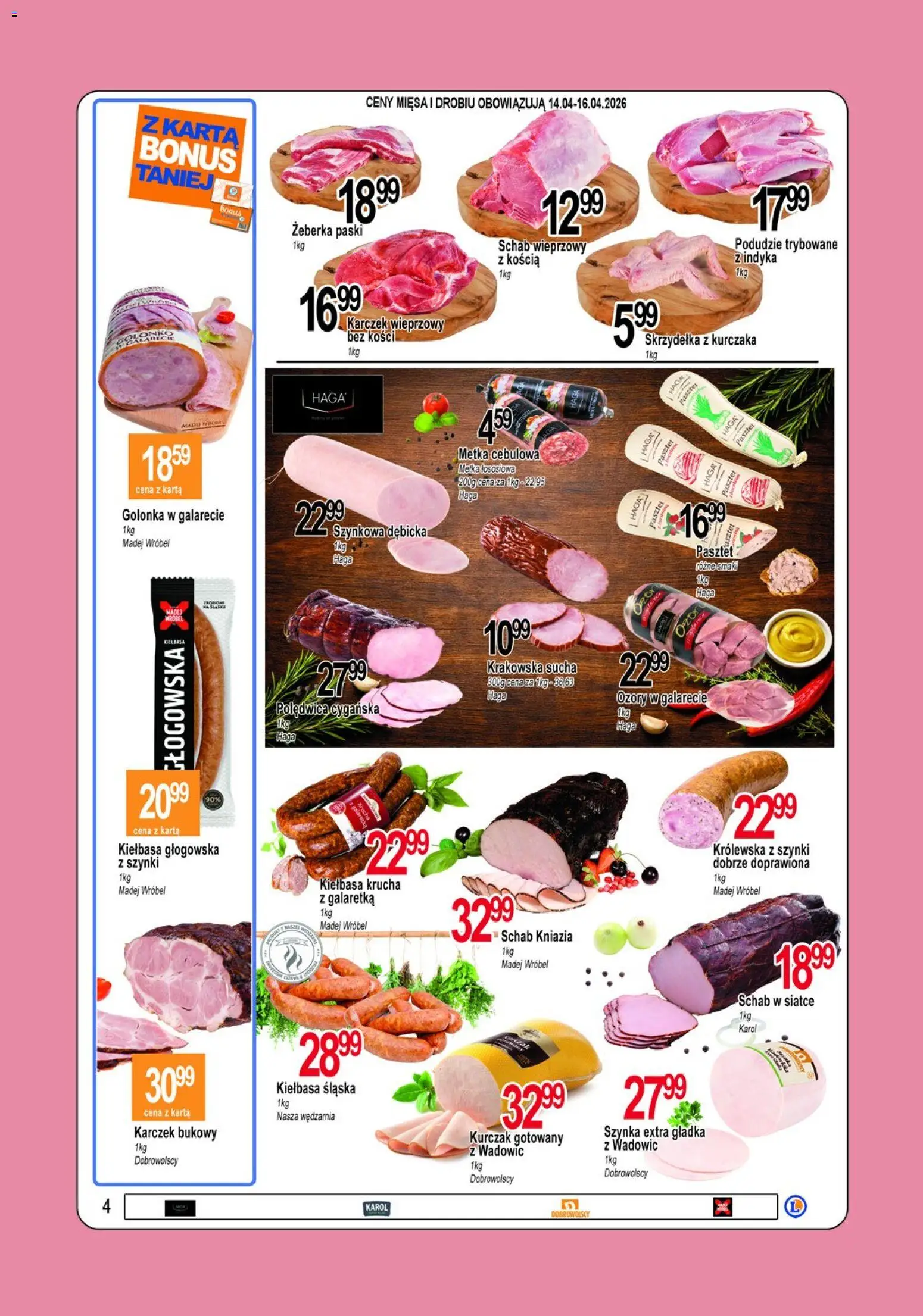 E.Leclerc gazetka - Tychy od 14.04.2026 | Strona: 4 | Produkty: Skrzydełka z kurczaka, Galaretka, Schab, Kiełbasa śląska