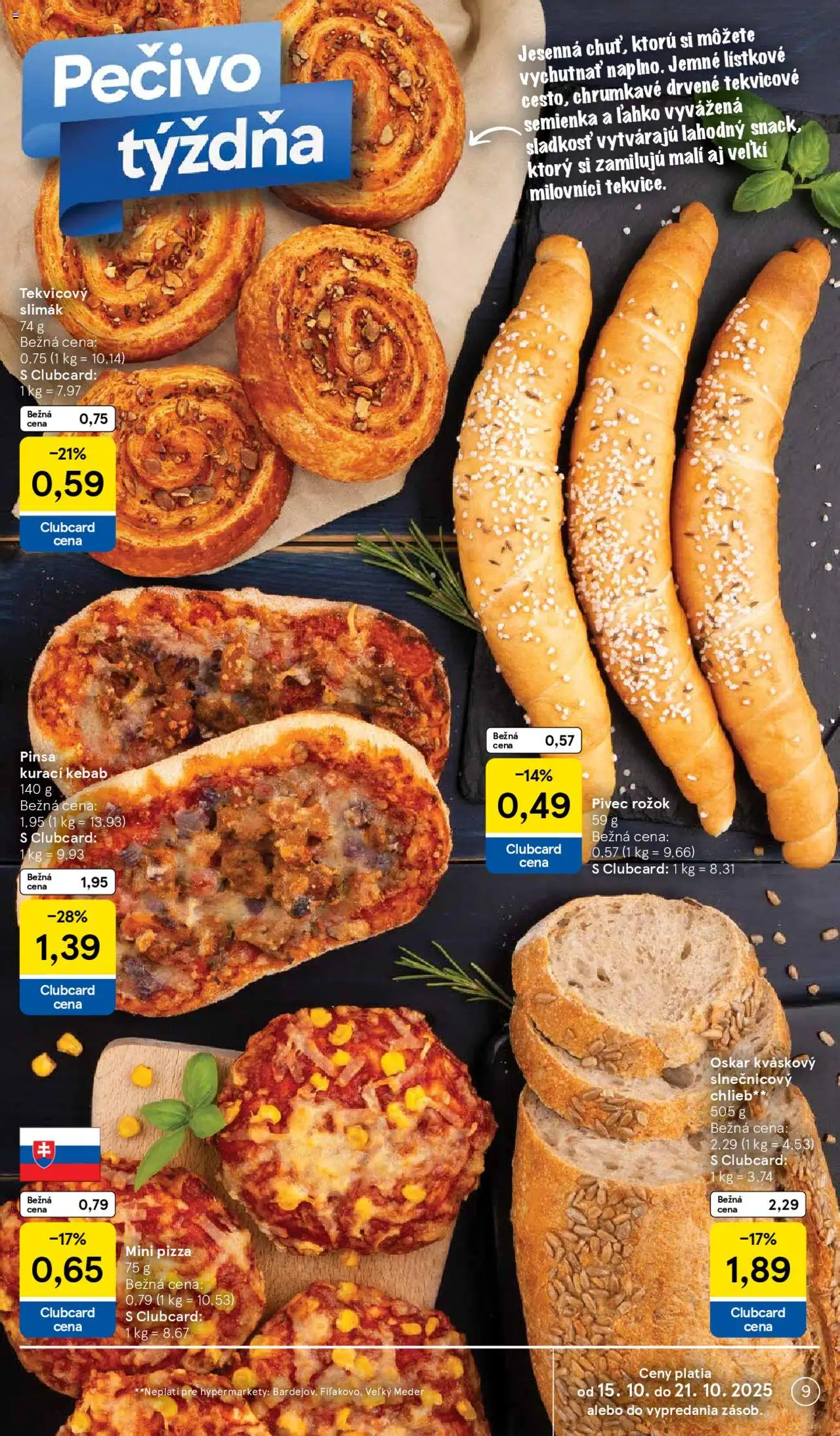 Nové Tesco akcie – leták je platný od 15.10.2025 | Strana: 9 | Produkty: Chlieb, Pizza, Rožok
