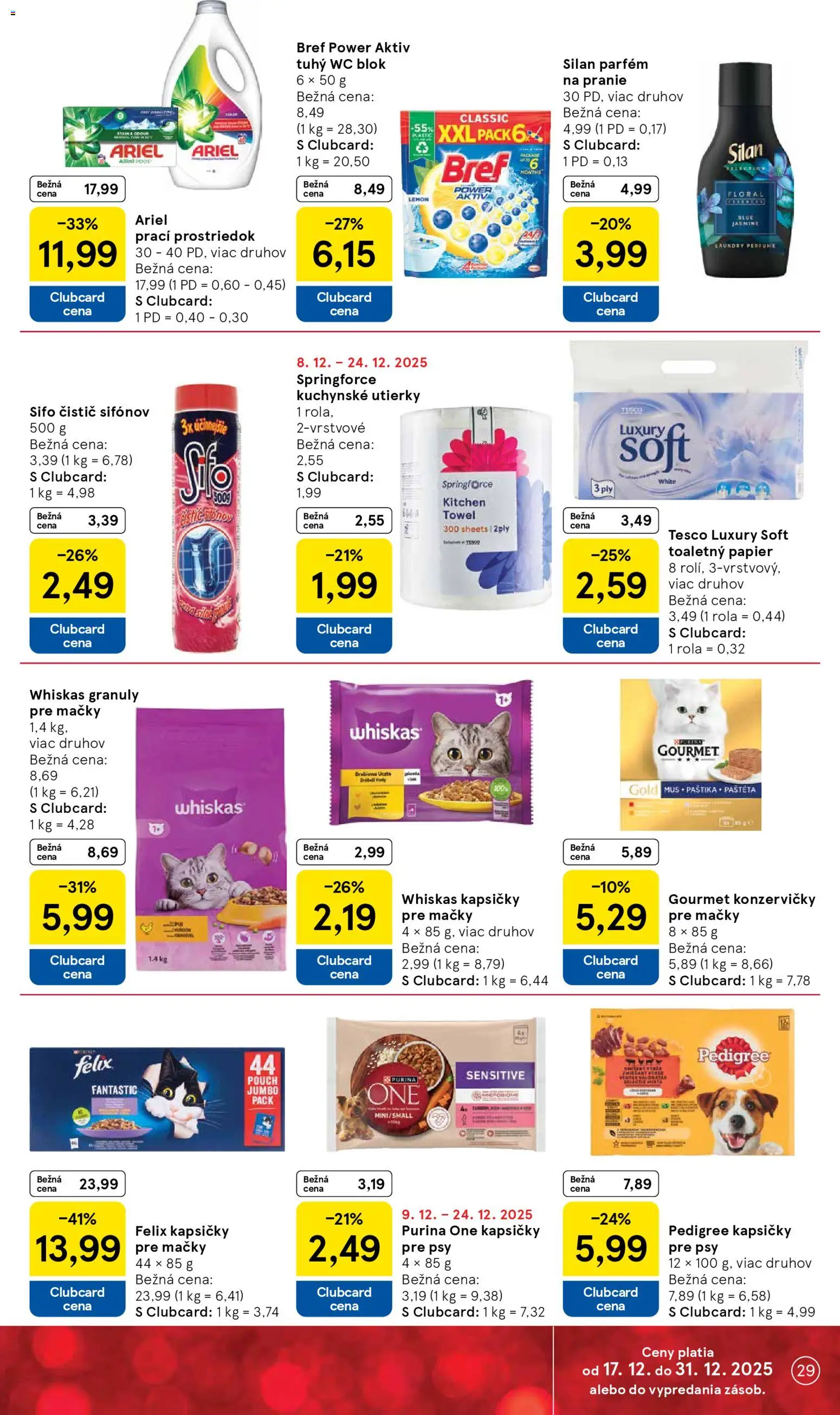 Nové Tesco akcie – leták je platný od 17.12.2025 | Strana: 29 | Produkty: Felix, Parfém, Toaletný papier, Ariel