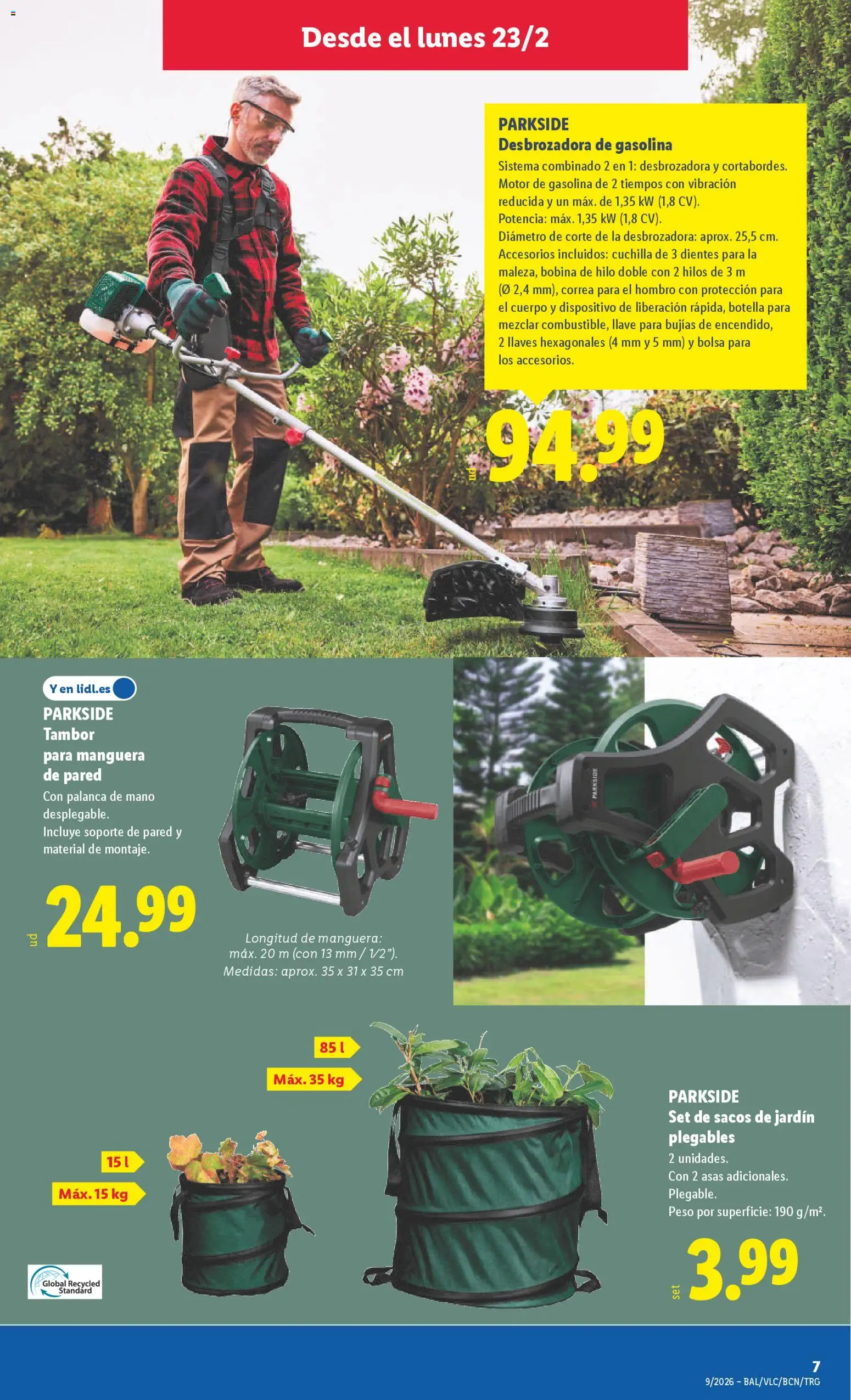 Lidl folleto de bazar │ válido desde el 23.02.2026 | Página: 7 | Productos: Desbrozadora, Manguera, Bolsa, Peso