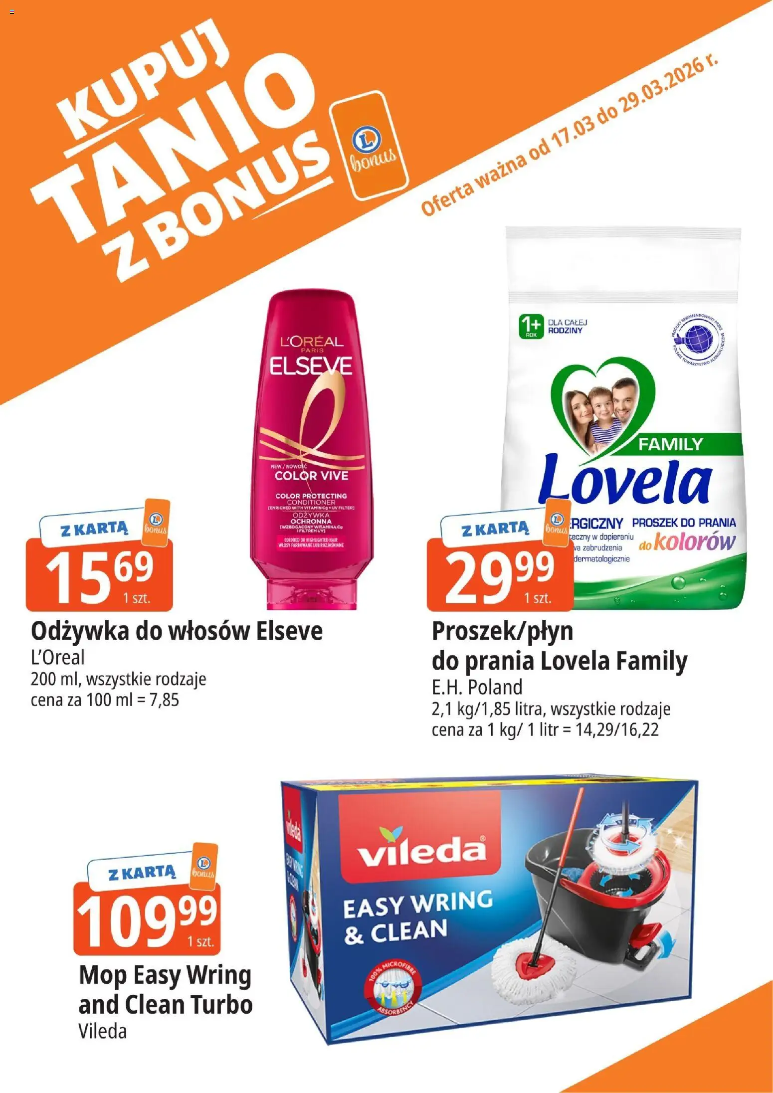 E.Leclerc gazetka - Tychy kupony dodatkowe od 17.03.2026 | Strona: 15 | Produkty: Karta, Vileda, Proszek do prania, Lovela
