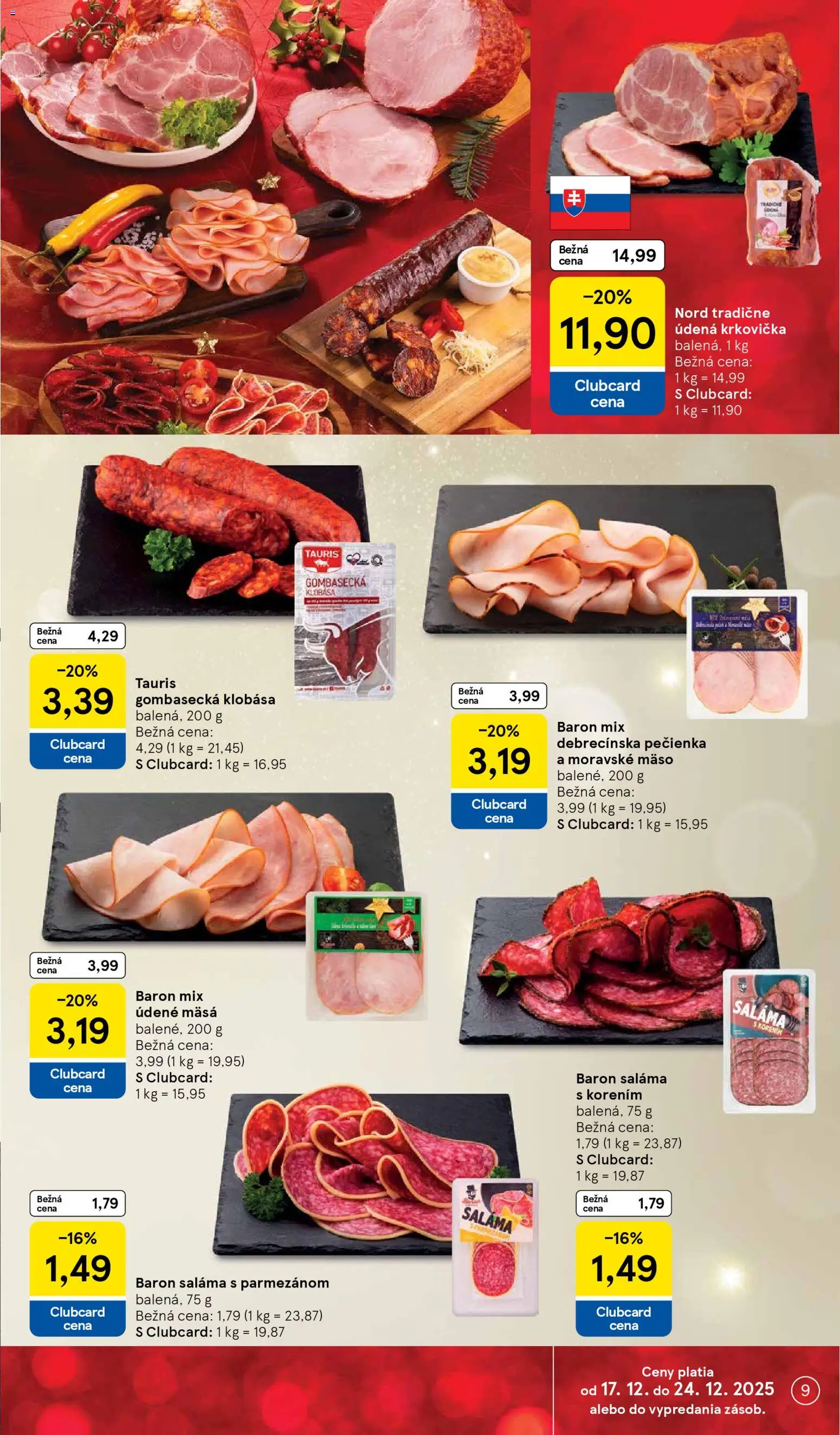 Nové Tesco akcie – leták je platný od 17.12.2025 | Strana: 9 | Produkty: Saláma, Klobása, Krkovička