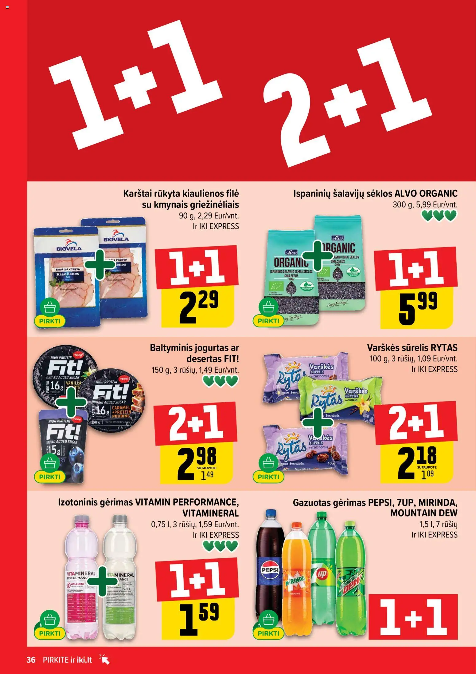 IKI akcijos nuo 20.04.2026 | Puslapis: 36 | Prekių: Sūrelis, Kiaulienos, Sėklos, Jogurtas