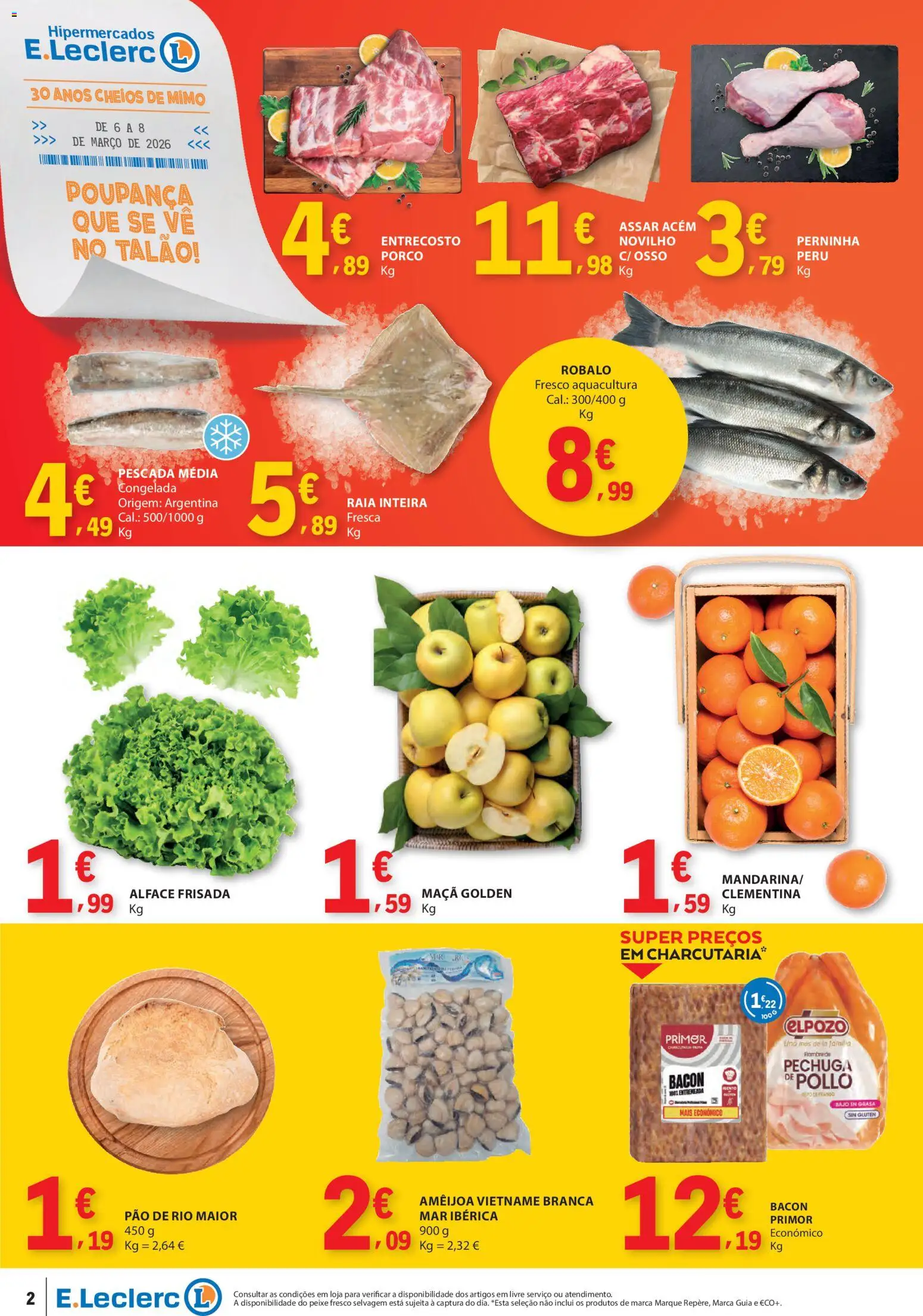 E.Leclerc Catálogo Fim de Semana │ válido de 06.03.2026 | Página: 2 | Produtos: Bacon, Pescada, Maça, Peixe
