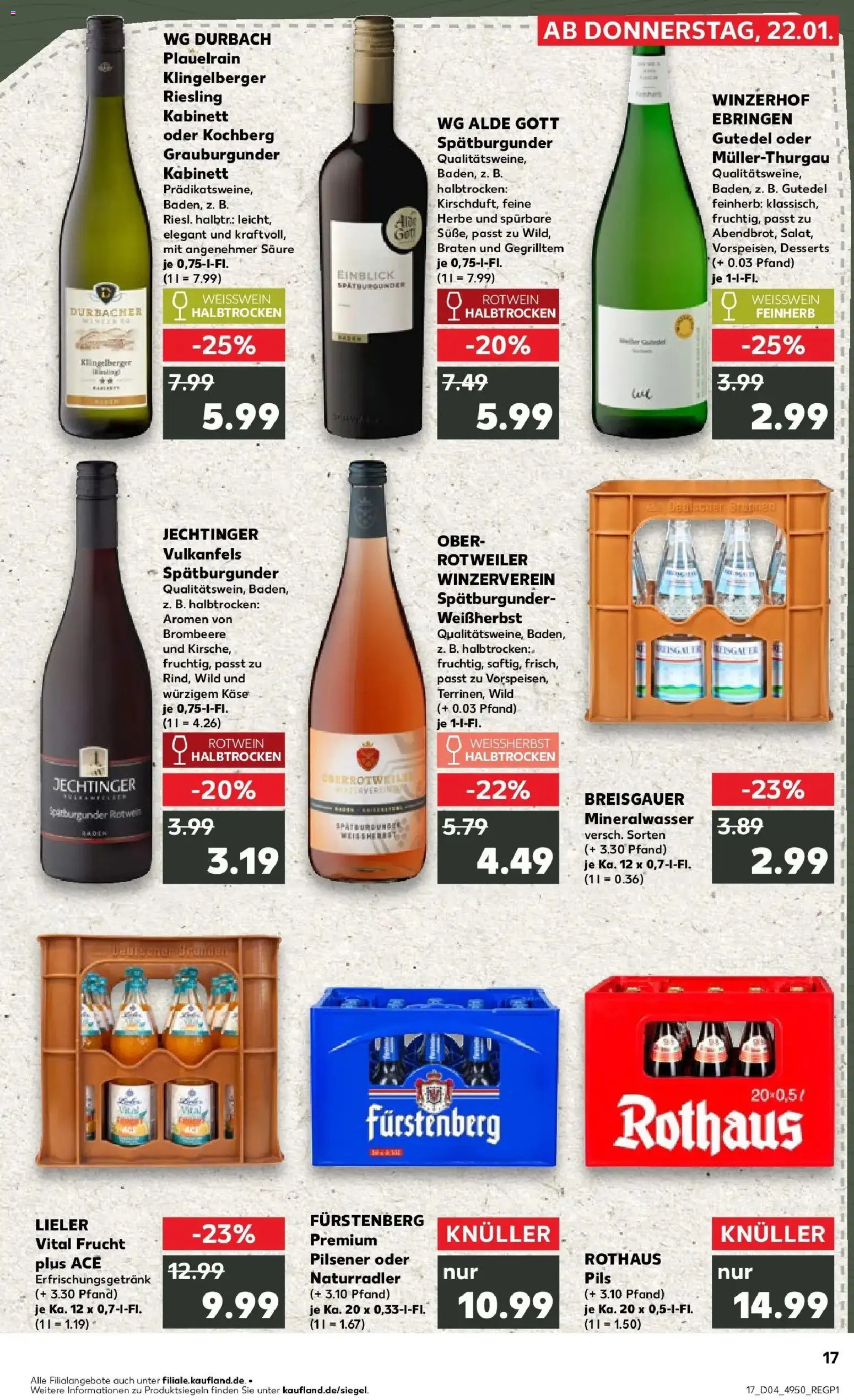 Kaufland prospekt Freiburg Im Breisgau	 – gültig ab 22.01.2026 | Seite: 17 | Produkte: Käse, Rotwein, Pils, Mineralwasser