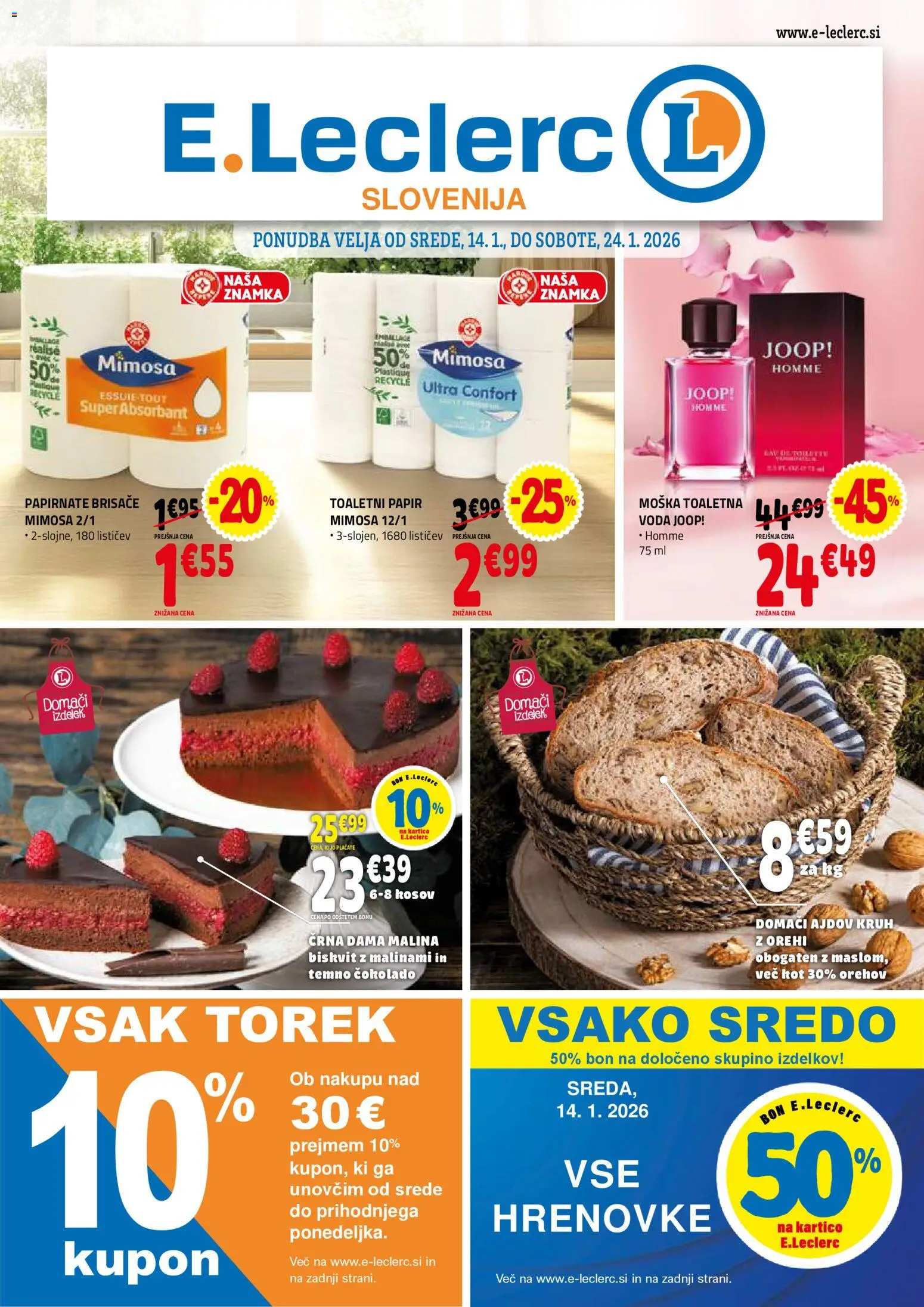 Novi E.leclerc katalog ponudbe – veljaven od 14.01.2026 | Stran: 1 | Izdelki: Hrenovke, Toaletni papir, Kruh, Voda