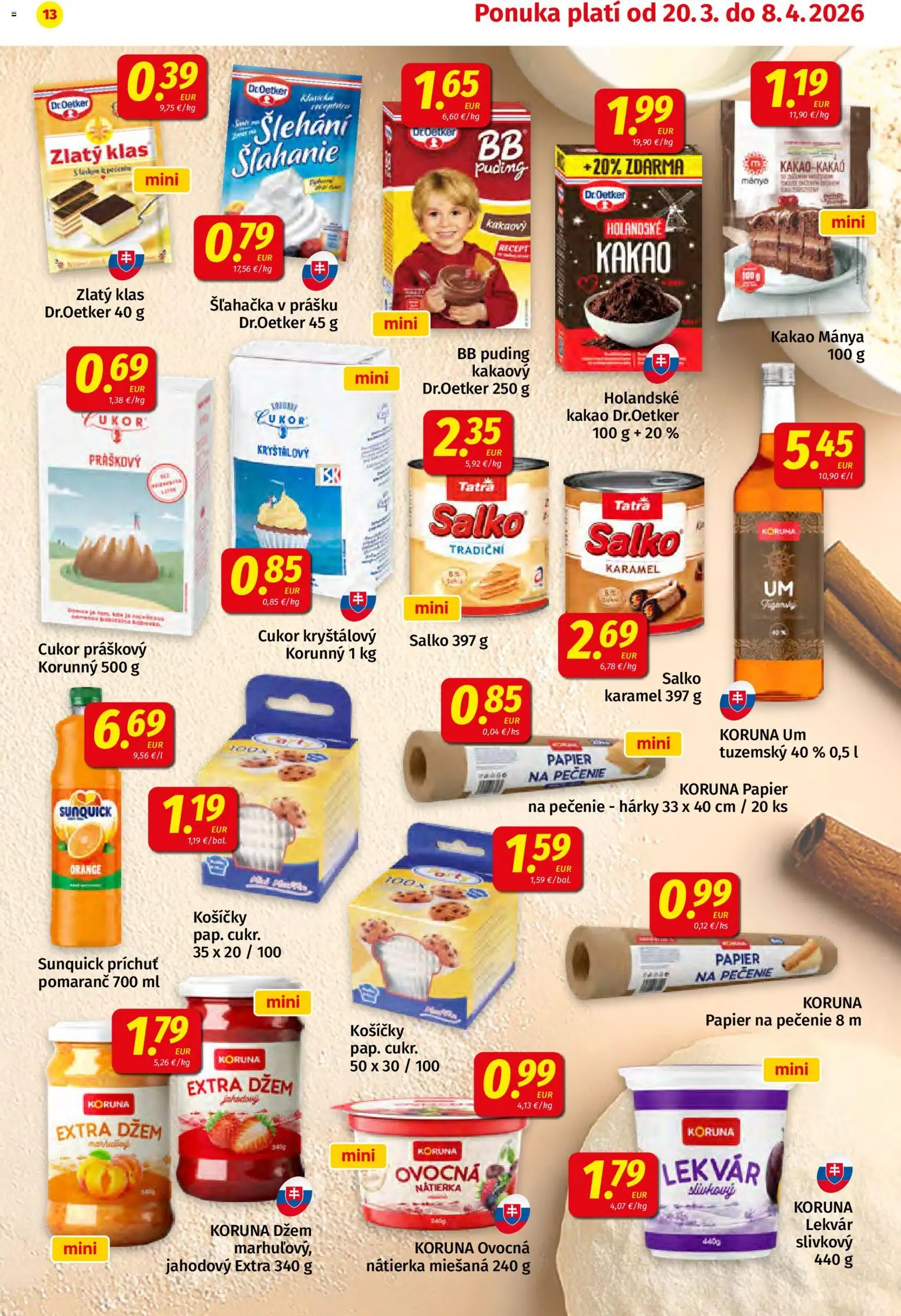 Nové Koruna akcie – leták je platný od 20.03.2026 | Strana: 13 | Produkty: Zlatý klas, Puding, Salko, Kakao