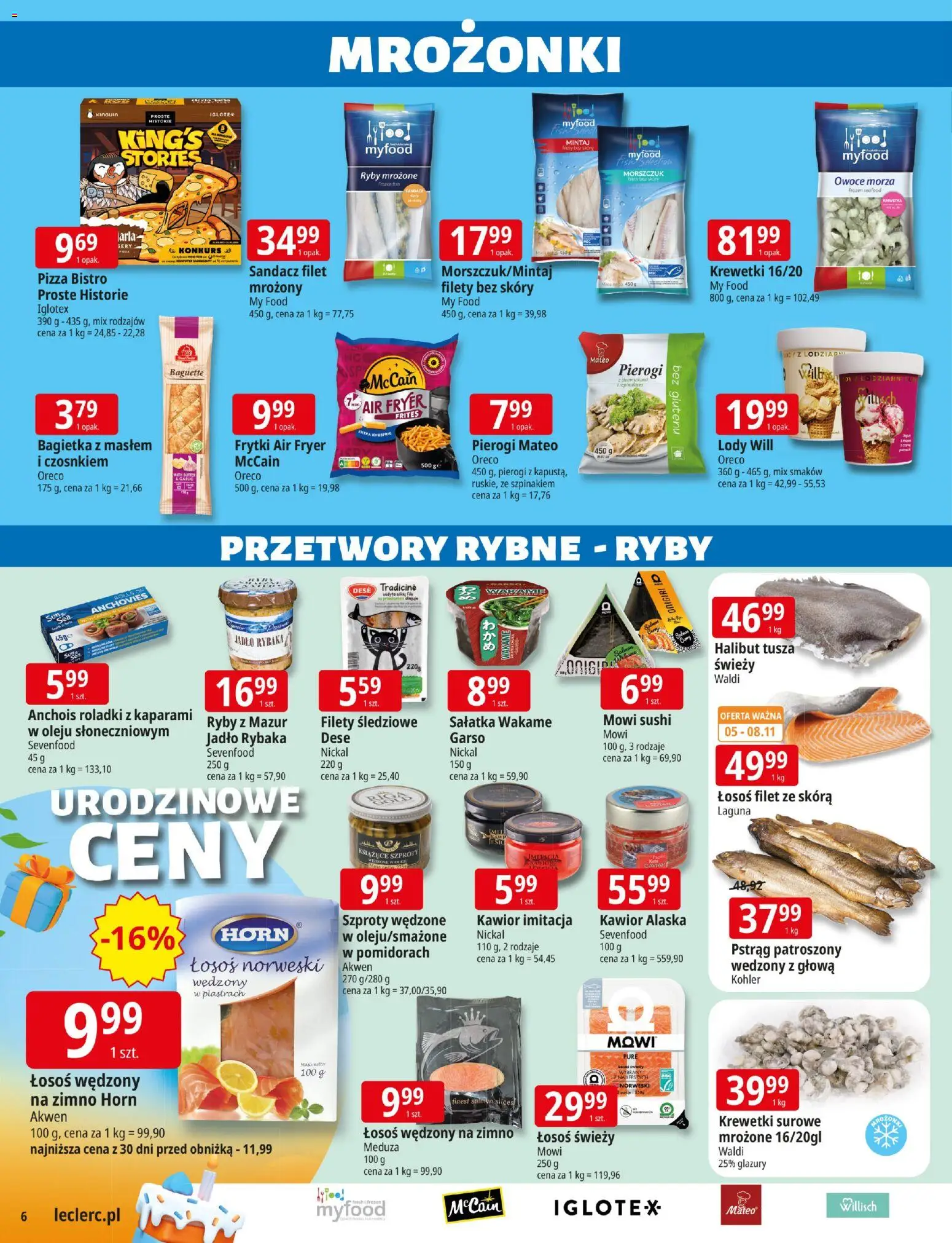 E.Leclerc Gazetka - Warszawa Ursynów od 03.11.2025 | Strona: 6 | Produkty: Pierogi, Halibut, Mintaj, Bagietka