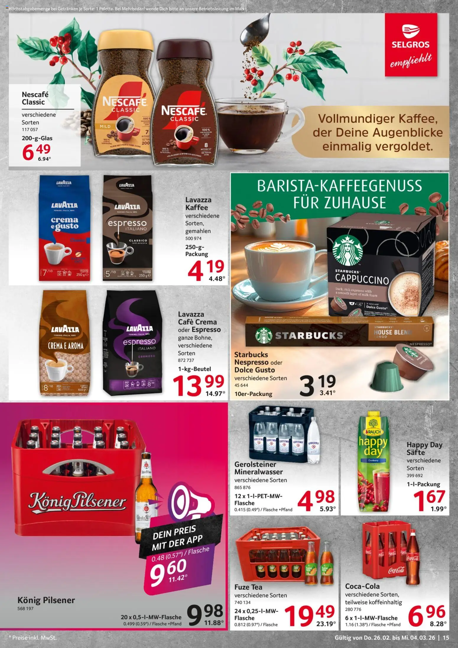 Selgros Prospekt 	 – gültig ab 26.02.2026 | Seite: 15 | Produkte: Fuze tea, Kaffee, Starbucks, Nescafe classic