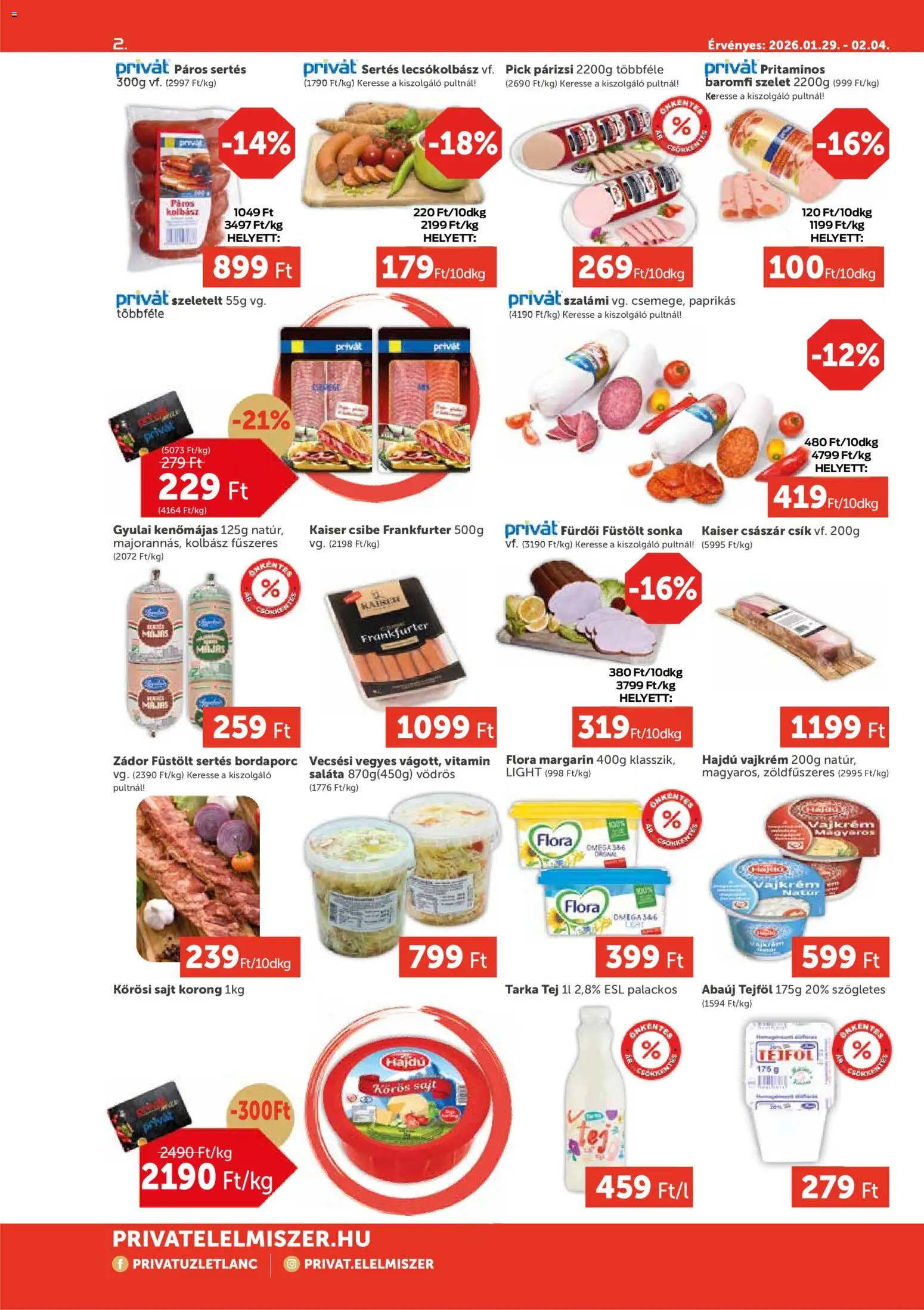 PRIVÁT akciós ujság - amely érvényes a következő dátumtól: 29.01.2026 | Oldal: 2 | Termékek: Kolbász, Tej, Lecsókolbász, Saláta