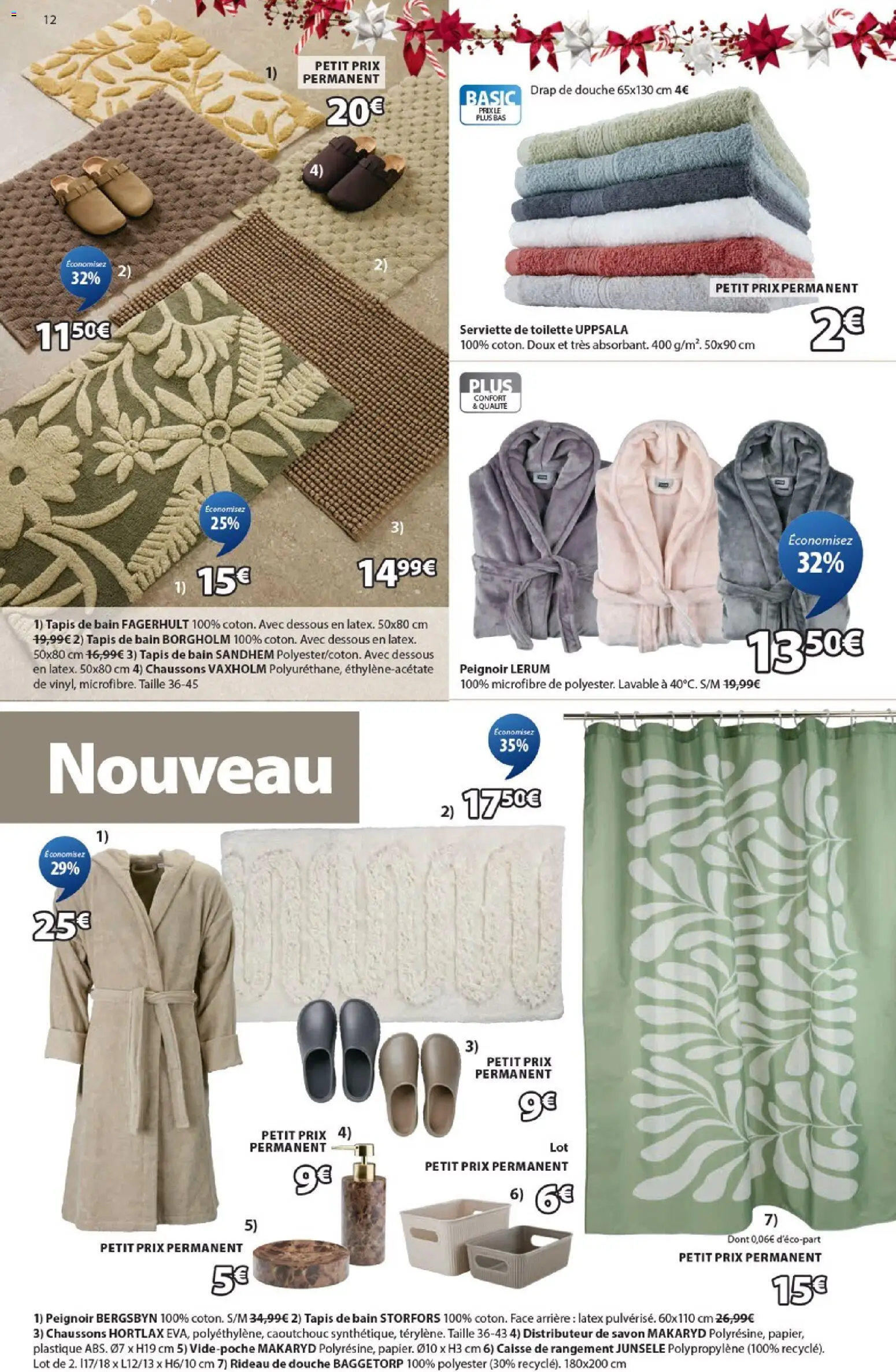 {H1} | Page: 12 | Produits: Tapis de bain, Savon, Douche, Chaussons