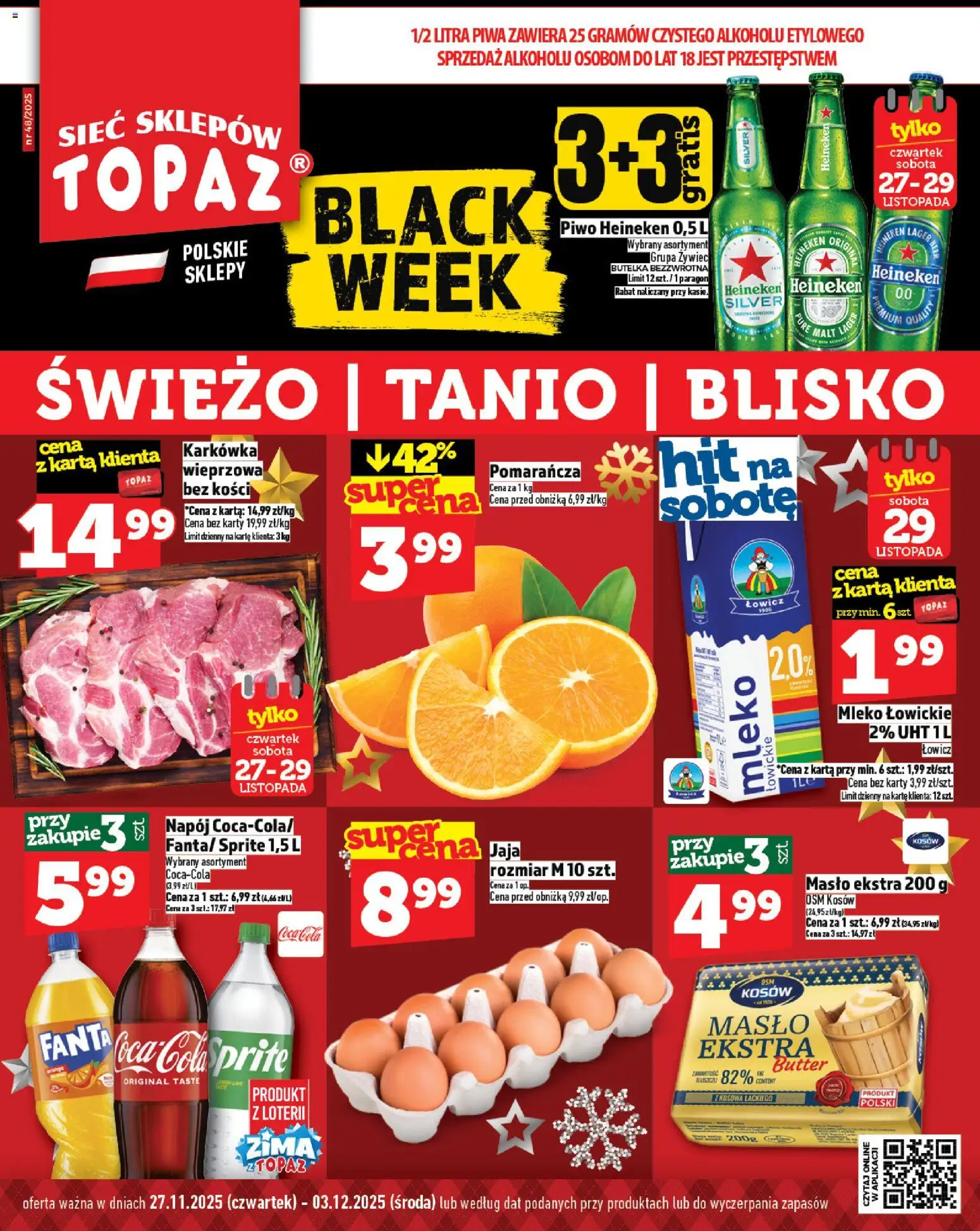 Topaz Black Friday od 27.11.2025 | Strona: 1 | Produkty: Karta, Masło, Mleko łowickie, Heineken
