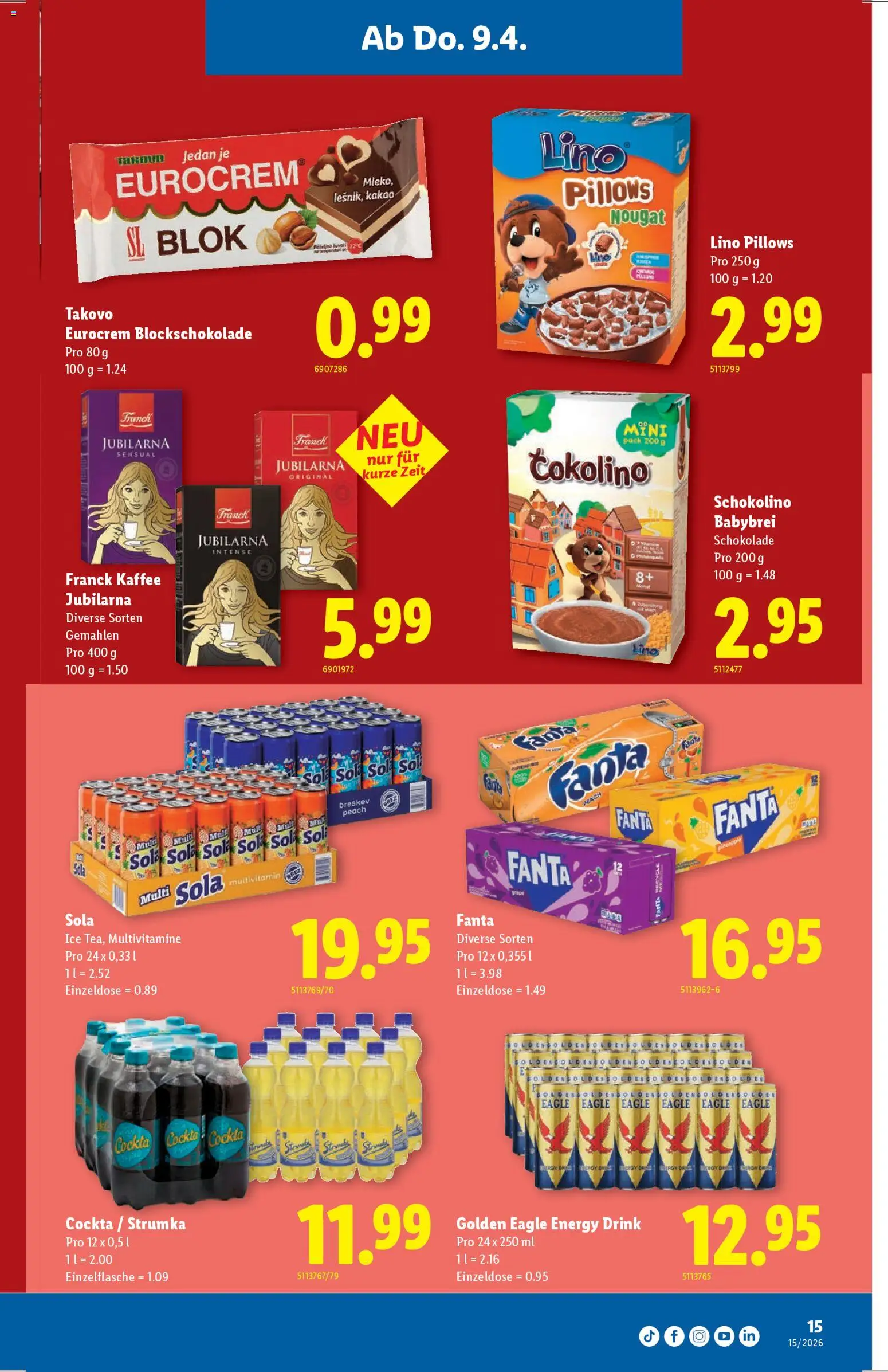 Lidl aktionen – gültig ab 09.04.2026 | Seite: 15 | Produkte: Fanta, Kaffee, Schokolade