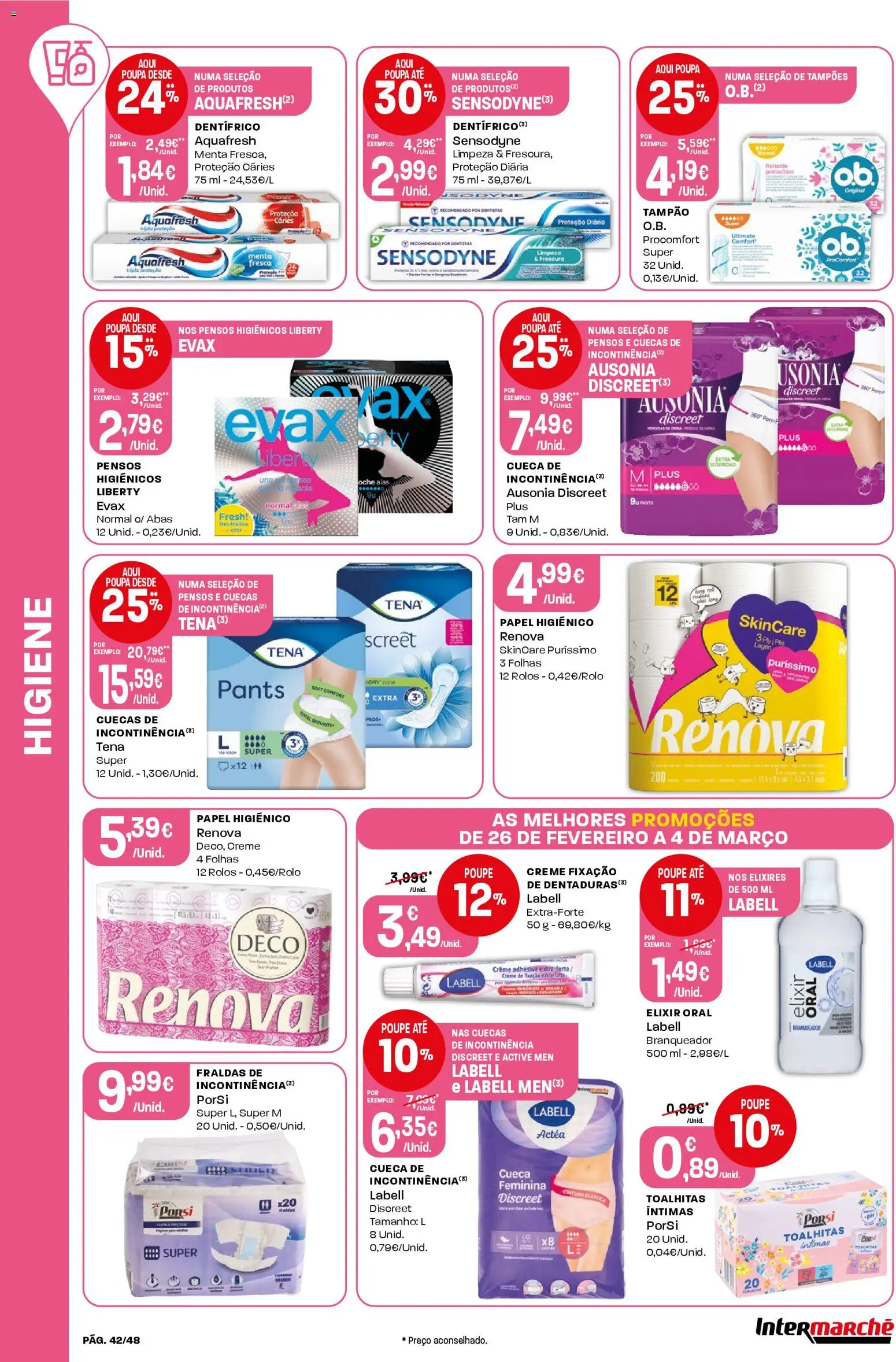 Intermarché folheto │ válido de 26.02.2026 | Página: 42 | Produtos: Papel higiénico, Pensos higiénicos, Creme, Cuecas