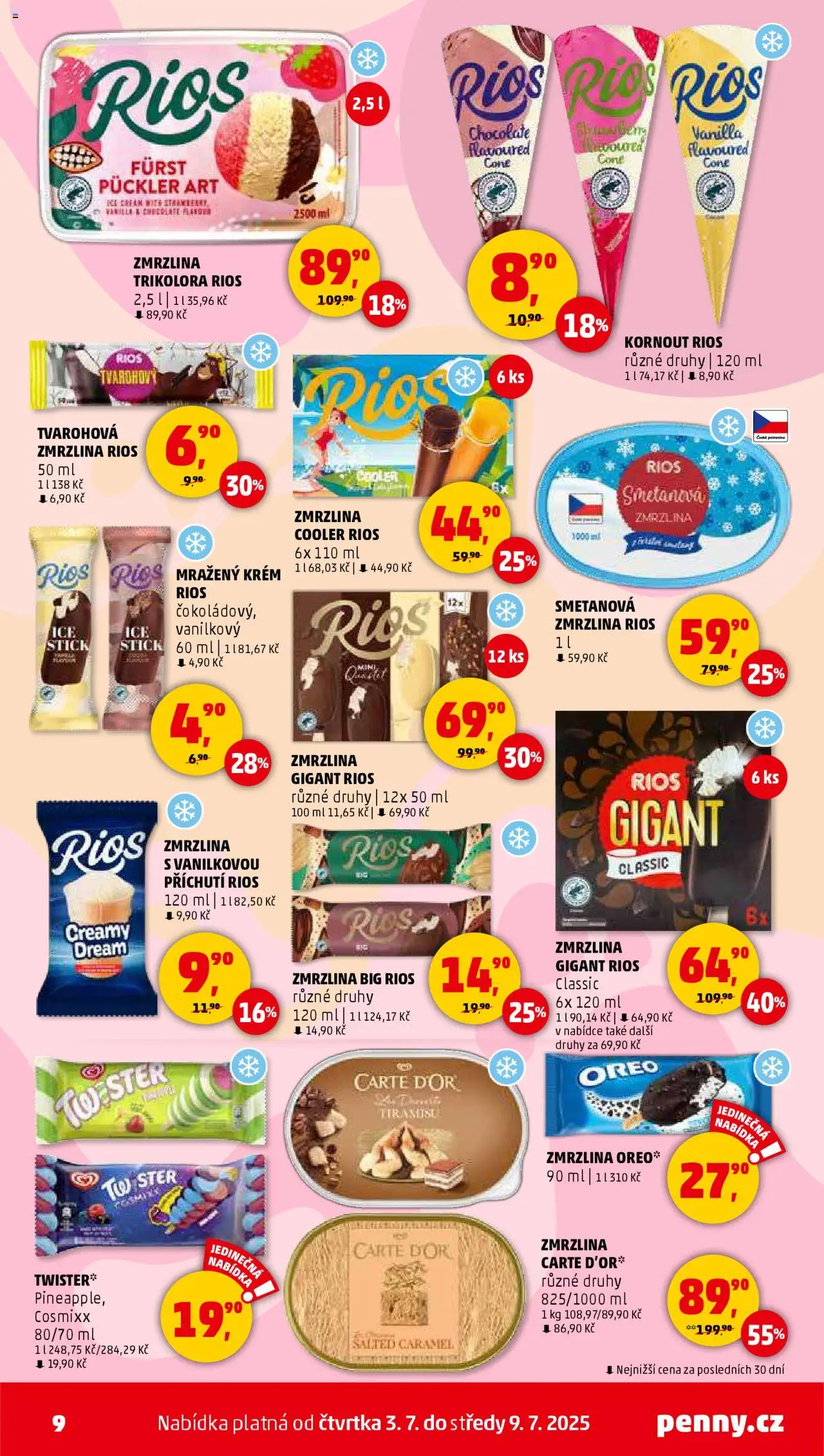 Penny Market leták - Čtvrtečník od 03.07.2025 | Strana: 9 | Produkty: Carte D'Or zmrzlina, Tiramisu, Krém, Rios