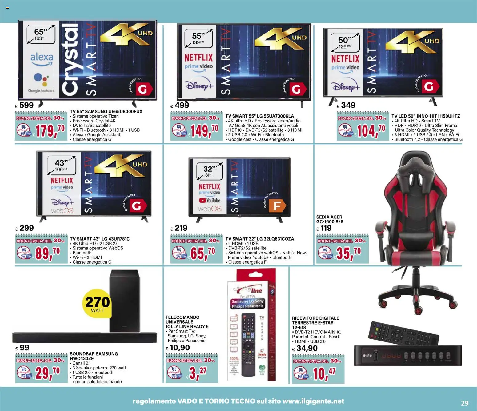 Volantino Il Gigante del 10.11.2025 | Pagina: 29 | Prodotti: smart TV, Speaker, USB, Sedia