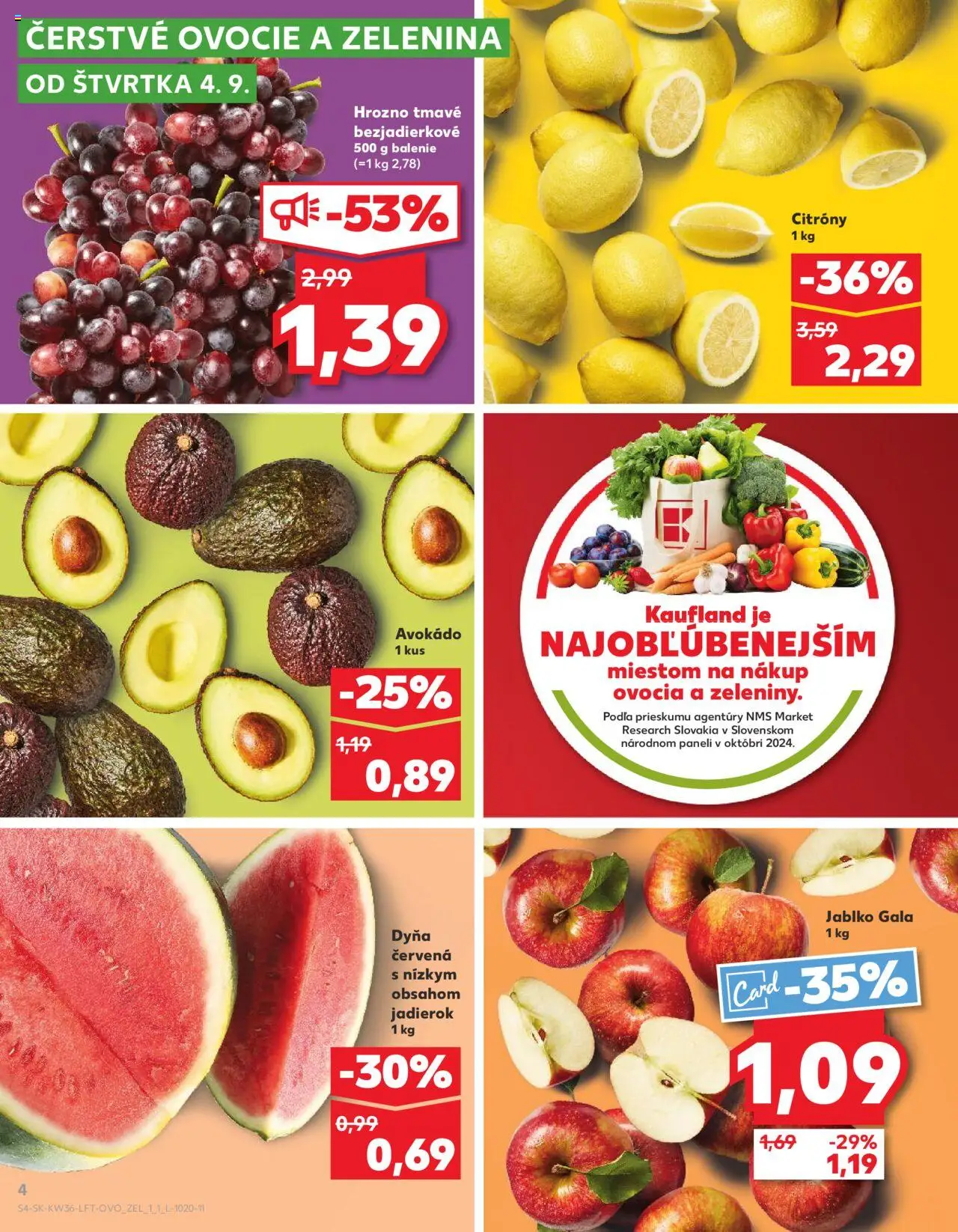Nové Kaufland akcie – leták je platný od 04.09.2025 | Strana: 4 | Produkty: Apple, Avokádo, Hrozno, Ovocie