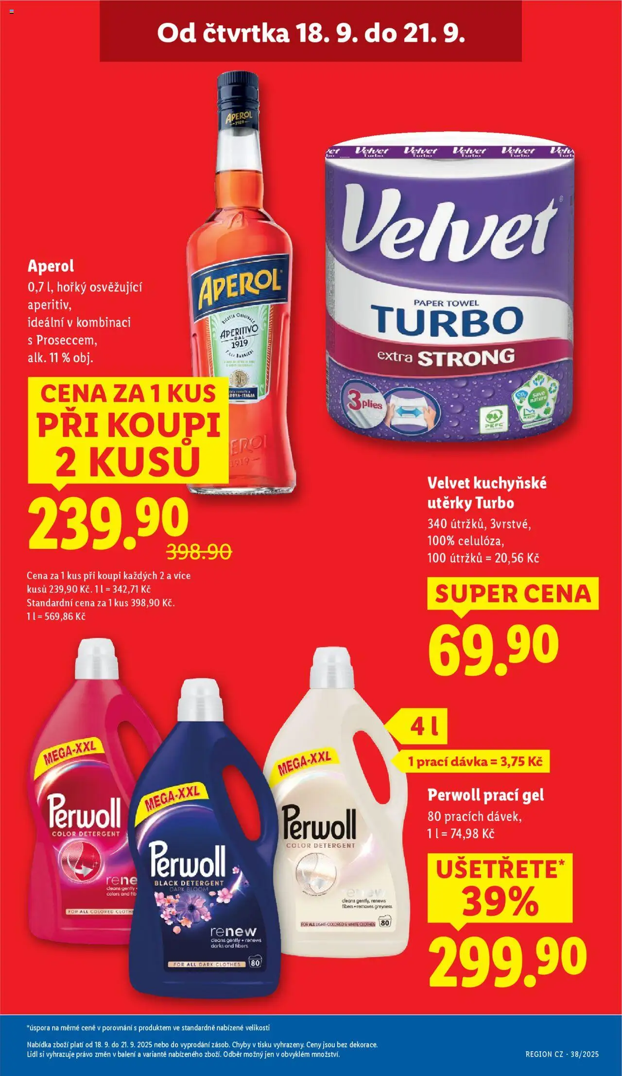 Lidl leták od 18.09.2025 | Strana: 3 | Produkty: Prací gel, Kuchyňské utěrky, Aperol, Velvet