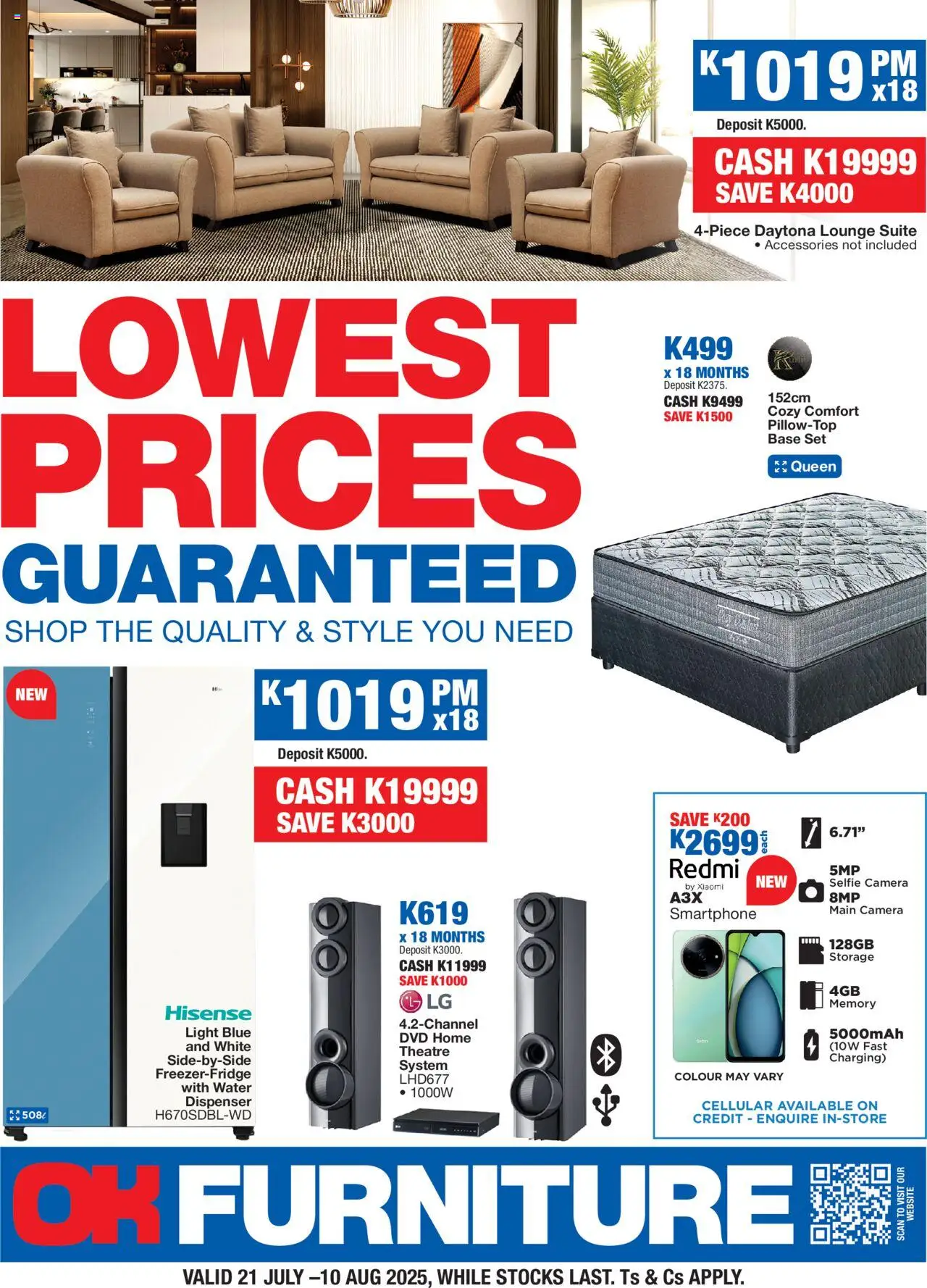 OK Furniture - Zambia Specials │ valid from 21.07.2025 | Page: 1 | Products: Smartphone, Camera, Lounge suite, Water