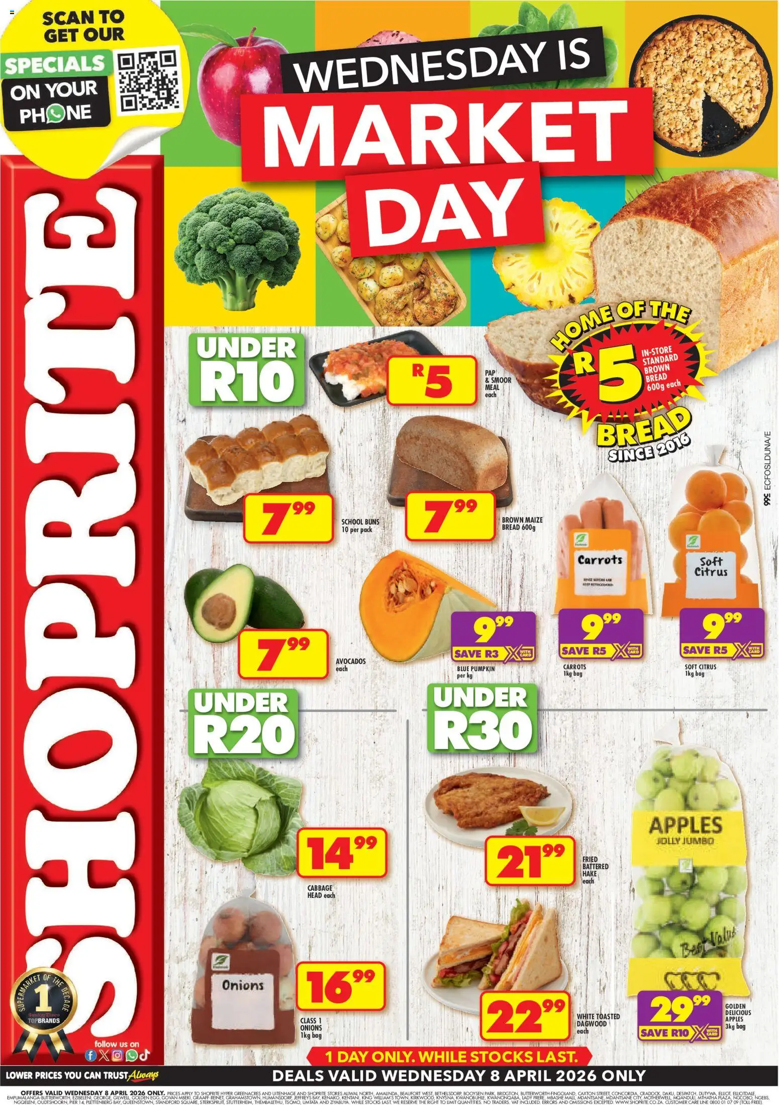 New Shoprite catalogue – valid from 08.04.2026 | Page: 1 | Products: Phone, Buns, Apples, Fish
