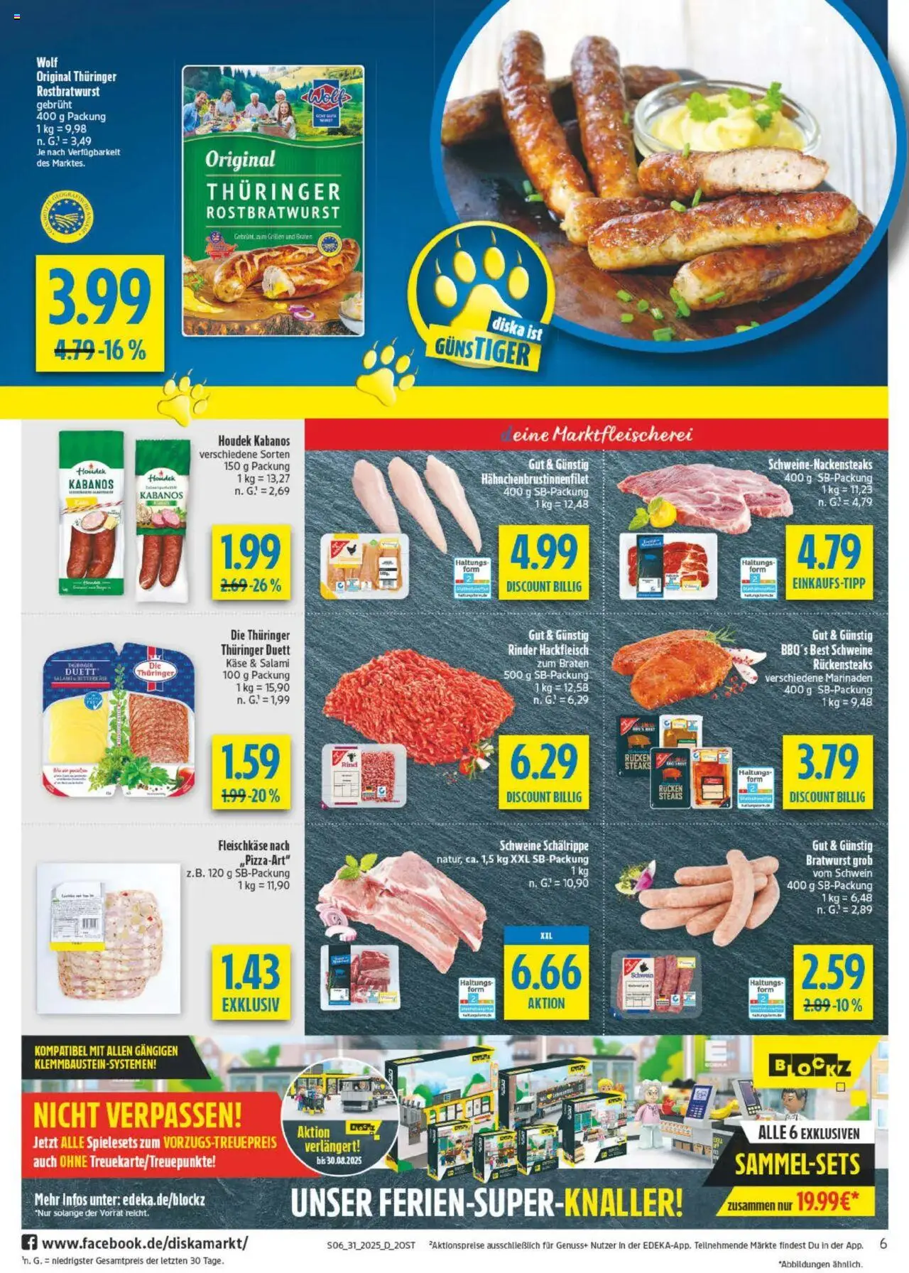 Diska Prospekt 	 - gültig ab dem 28.07.2025 | Seite: 6 | Produkte: Käse, Bratwurst, Salami, Hackfleisch