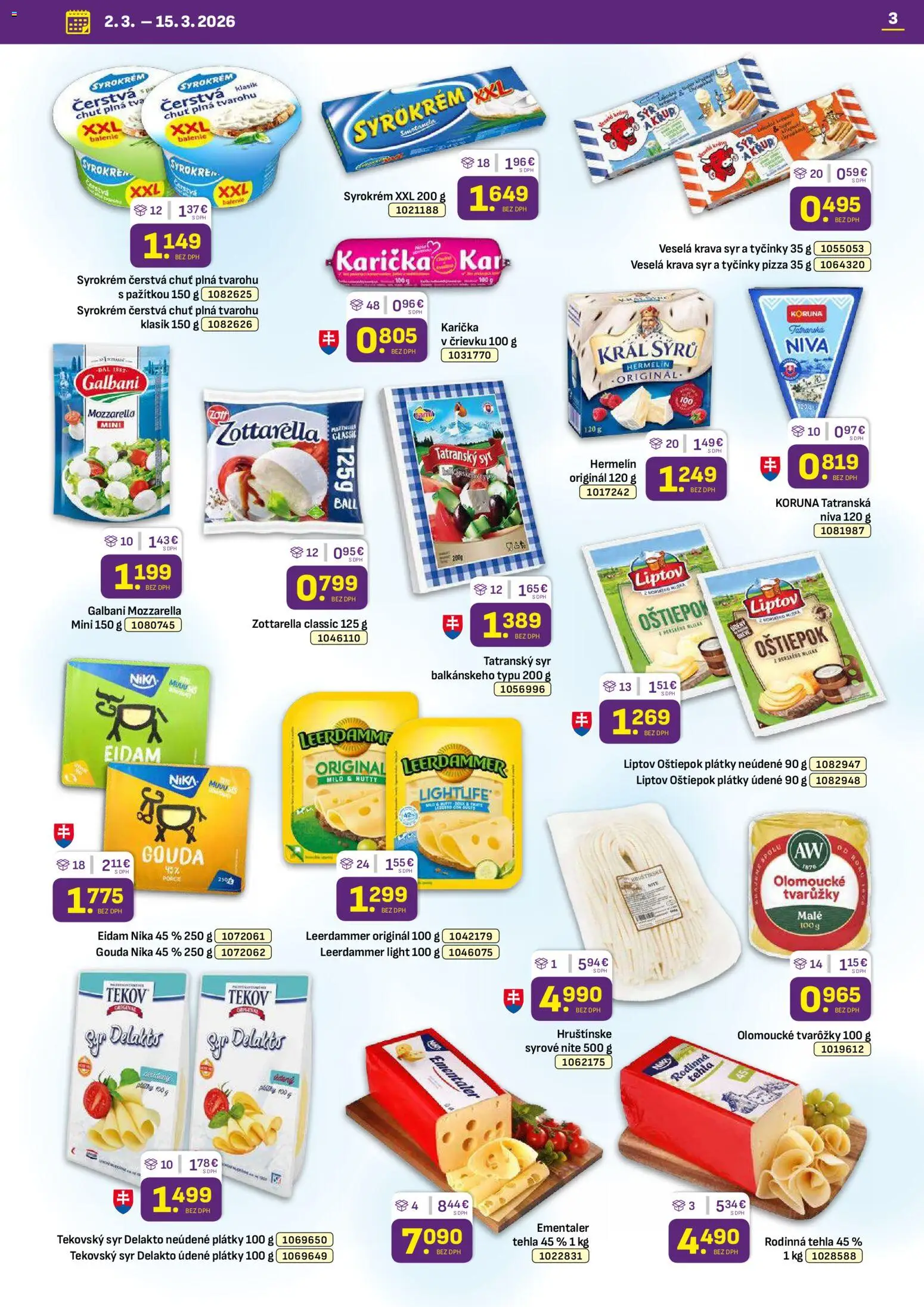 Nové Libex akcie – leták je platný od 02.03.2026 | Strana: 3 | Produkty: Syr, Gouda, Eidam, Mozzarella