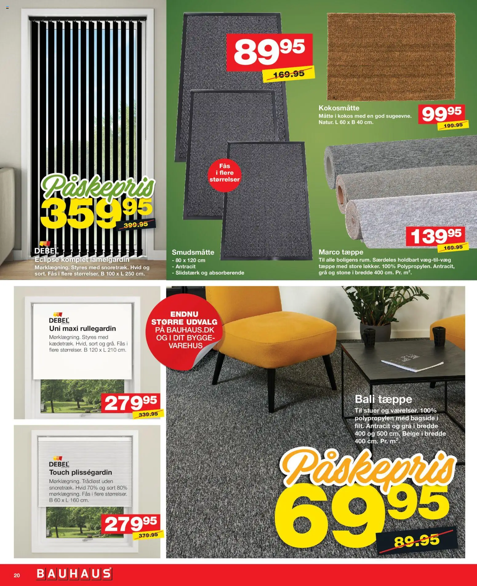 Bauhaus tilbudsavis – gyldig fra 02.04.2026 | Side: 20 | Produkter: Tæppe, Måtte, Plisségardin