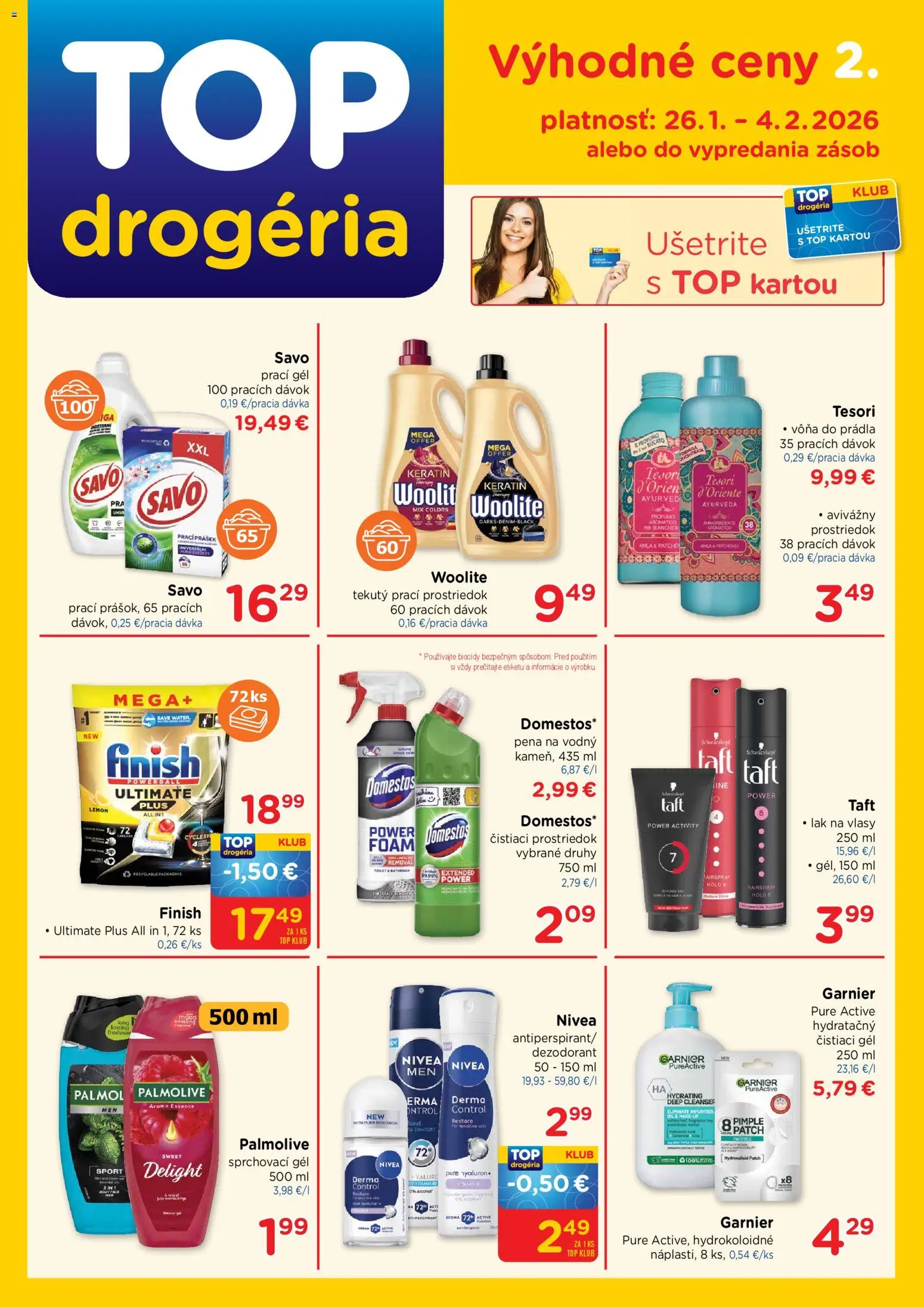 Nové TOP Drogéria akcie – leták je platný od 26.01.2026 | Strana: 1 | Produkty: Nivea, Savo, Čistiaci prostriedok, Domestos