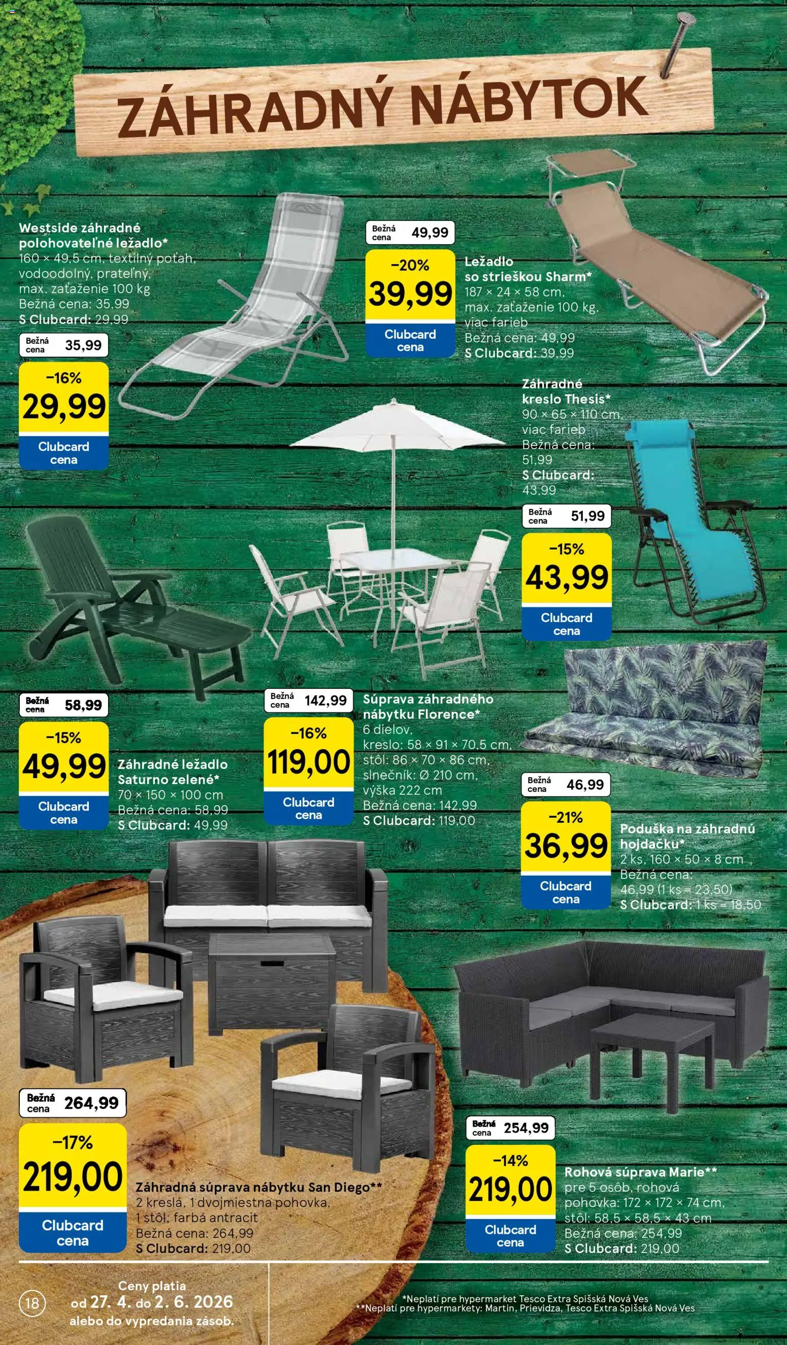 Nové Tesco akcie – leták je platný od 27.04.2026 | Strana: 18 | Produkty: Nábytok, Pohovka, Stôl, Záhradný nábytok