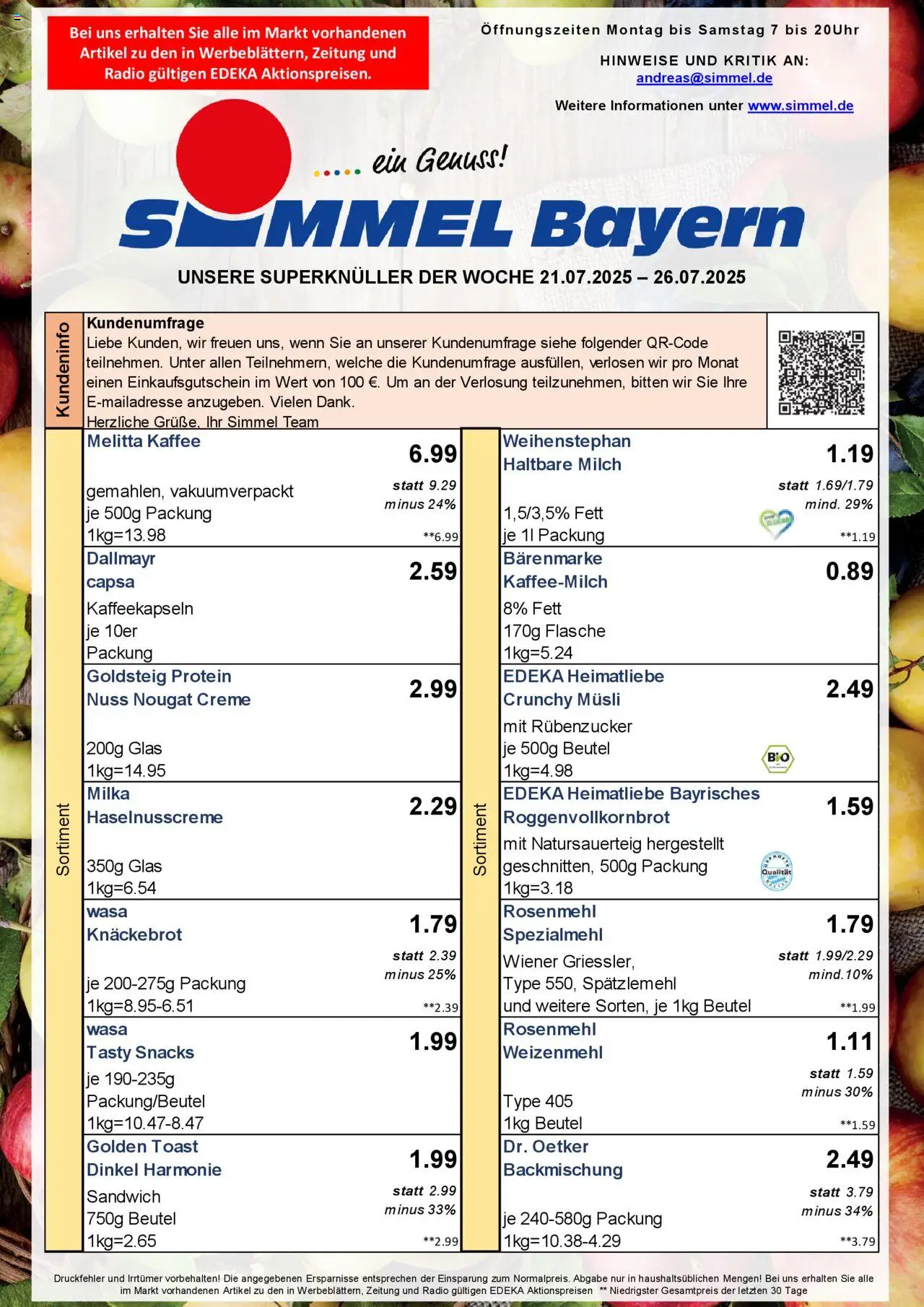 Simmel - Bayern - gültig ab dem 21.07.2025 | Seite: 1 | Produkte: Melitta kaffee, Kaffee, Haltbare milch, Weizenmehl