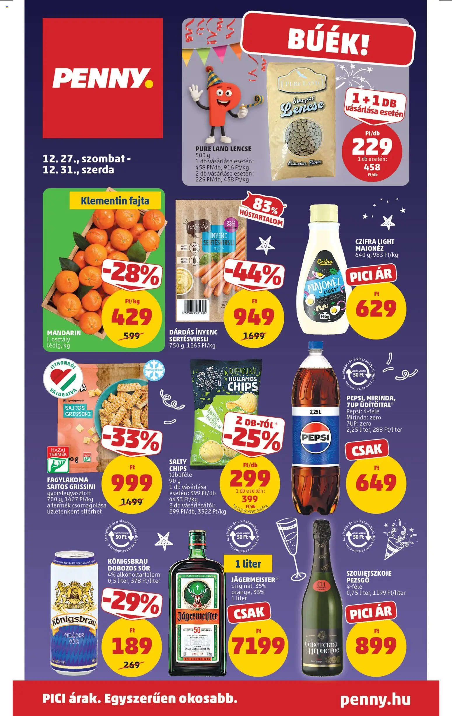PENNY akciós ujság - amely érvényes a következő dátumtól: 27.12.2025 | Oldal: 1 | Termékek: Jägermeister, Pepsi, Pezsgő, Dobozos sör