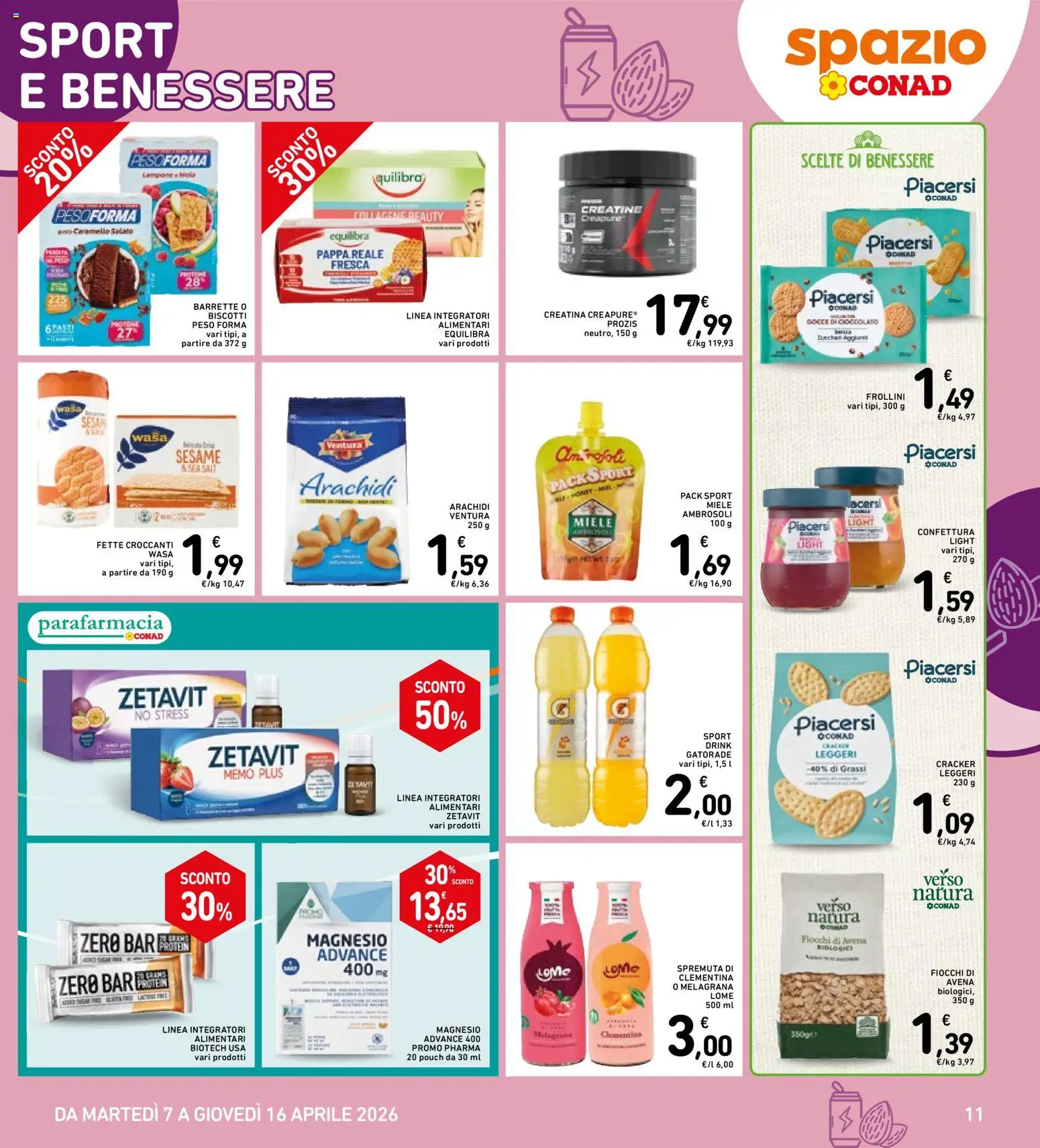 Volantino Spazio Conad del 07.04.2026 | Pagina: 11 | Prodotti: Biscotti, Fiocchi, Arachidi, Miele