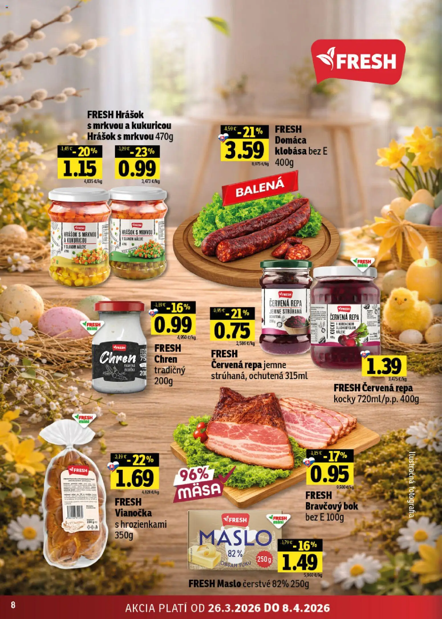 Nové Fresh akcie – leták je platný od 26.03.2026 | Strana: 8 | Produkty: Maslo, Chren, Vianočka, Hrášok
