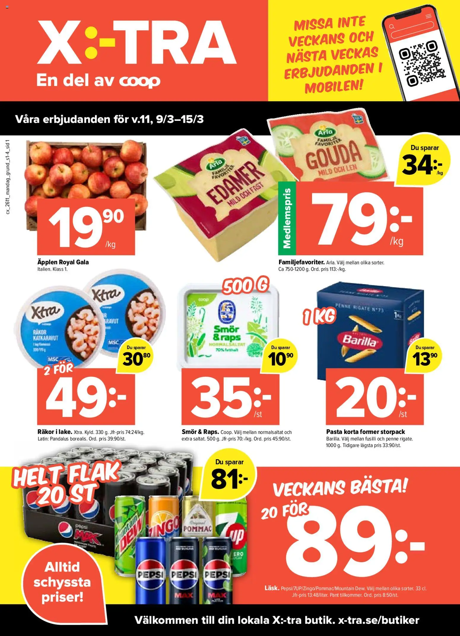 Coop X:-TRA reklamblad aktuell från 09.03.2026 | Sida: 1 | Produkter: Pepsi, Räkor, Äpplen, Pasta