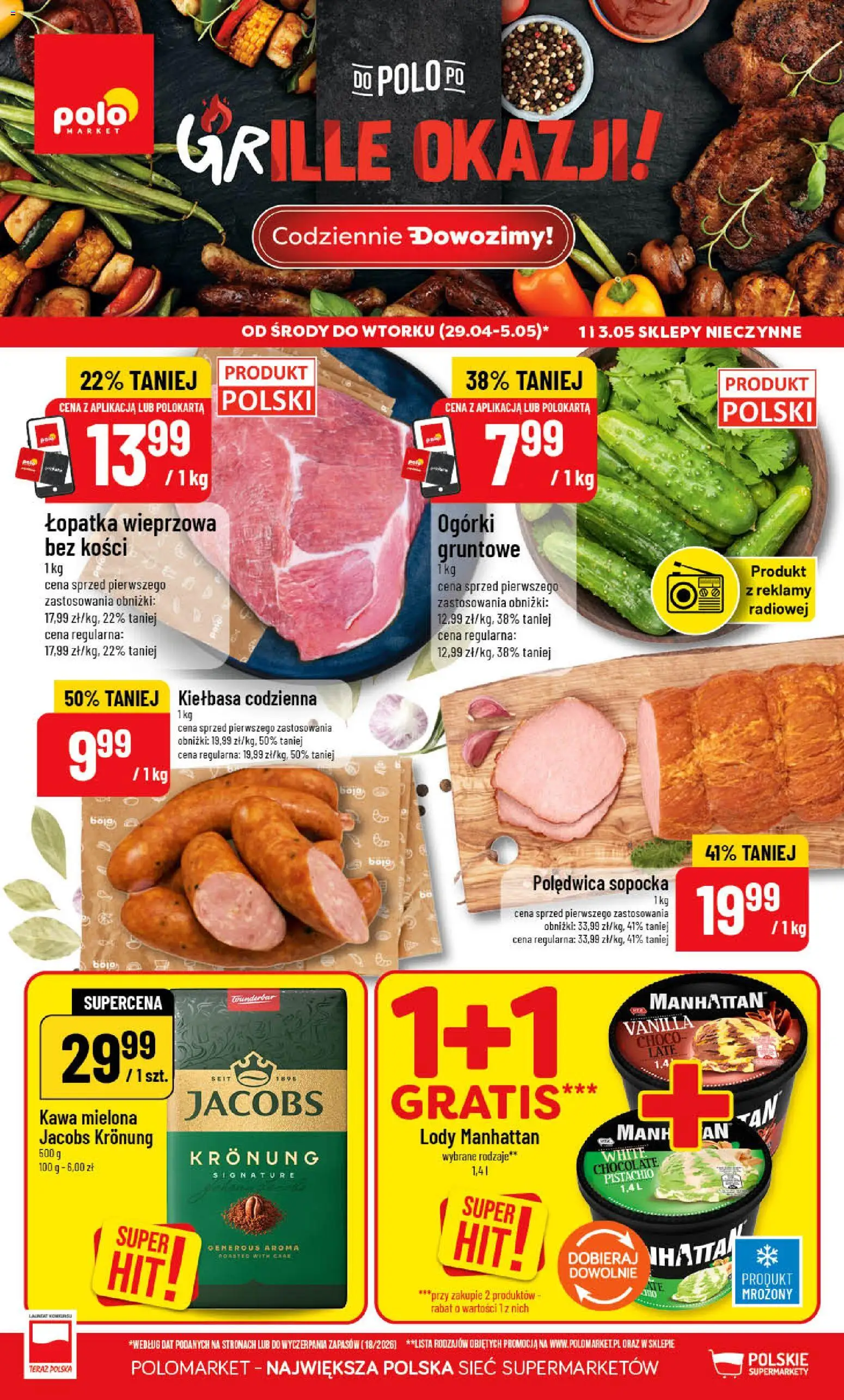 POLOmarket gazetka od 29.04.2026 | Strona: 1 | Produkty: Lody manhattan, Łopatka wieprzowa, Kawa, Lody