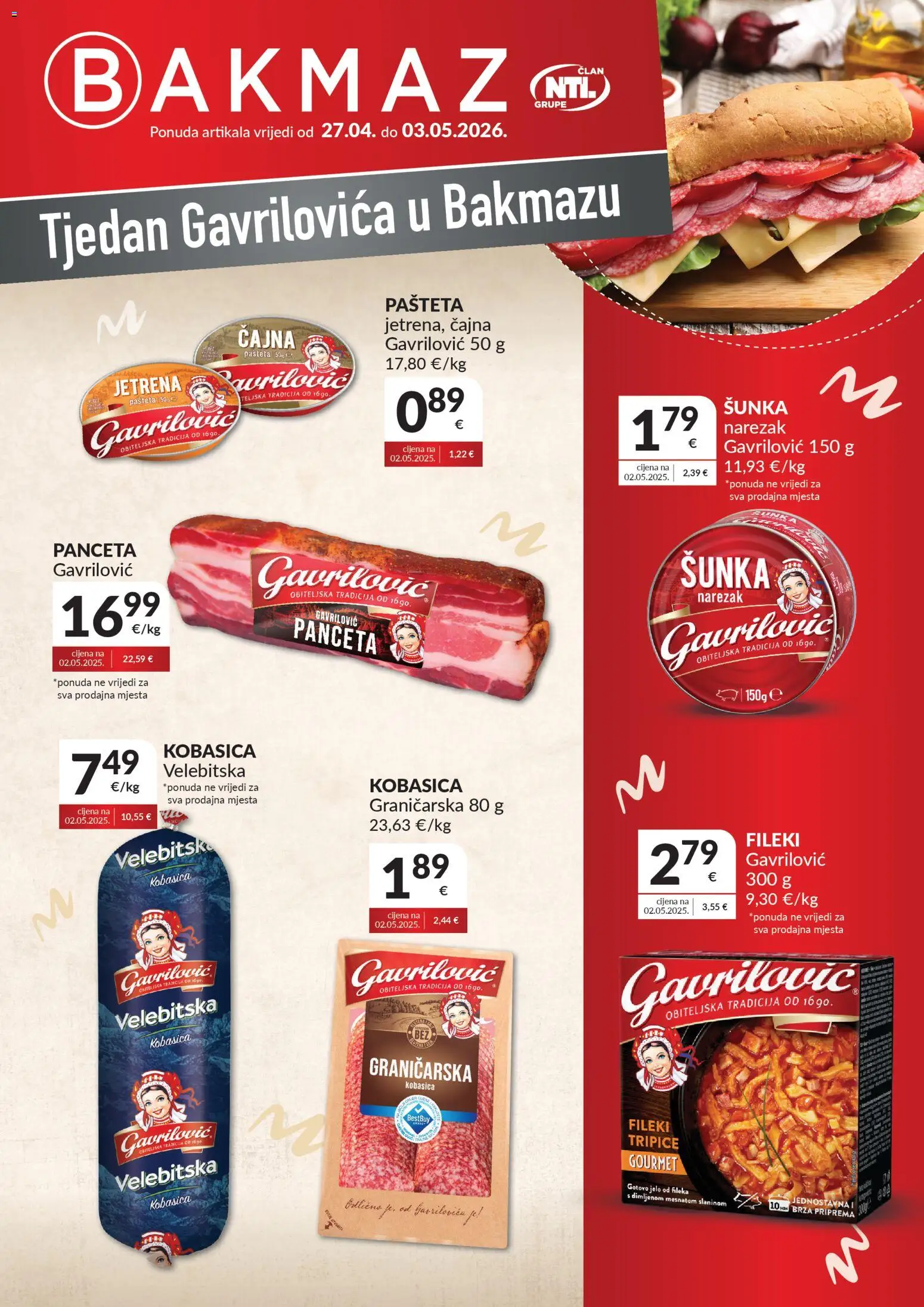 Bakmaz katalog | vrijedi od 27.04.2026 | Stranica: 1 | Proizvodi: Šunka, Narezak, Kobasica, Panceta