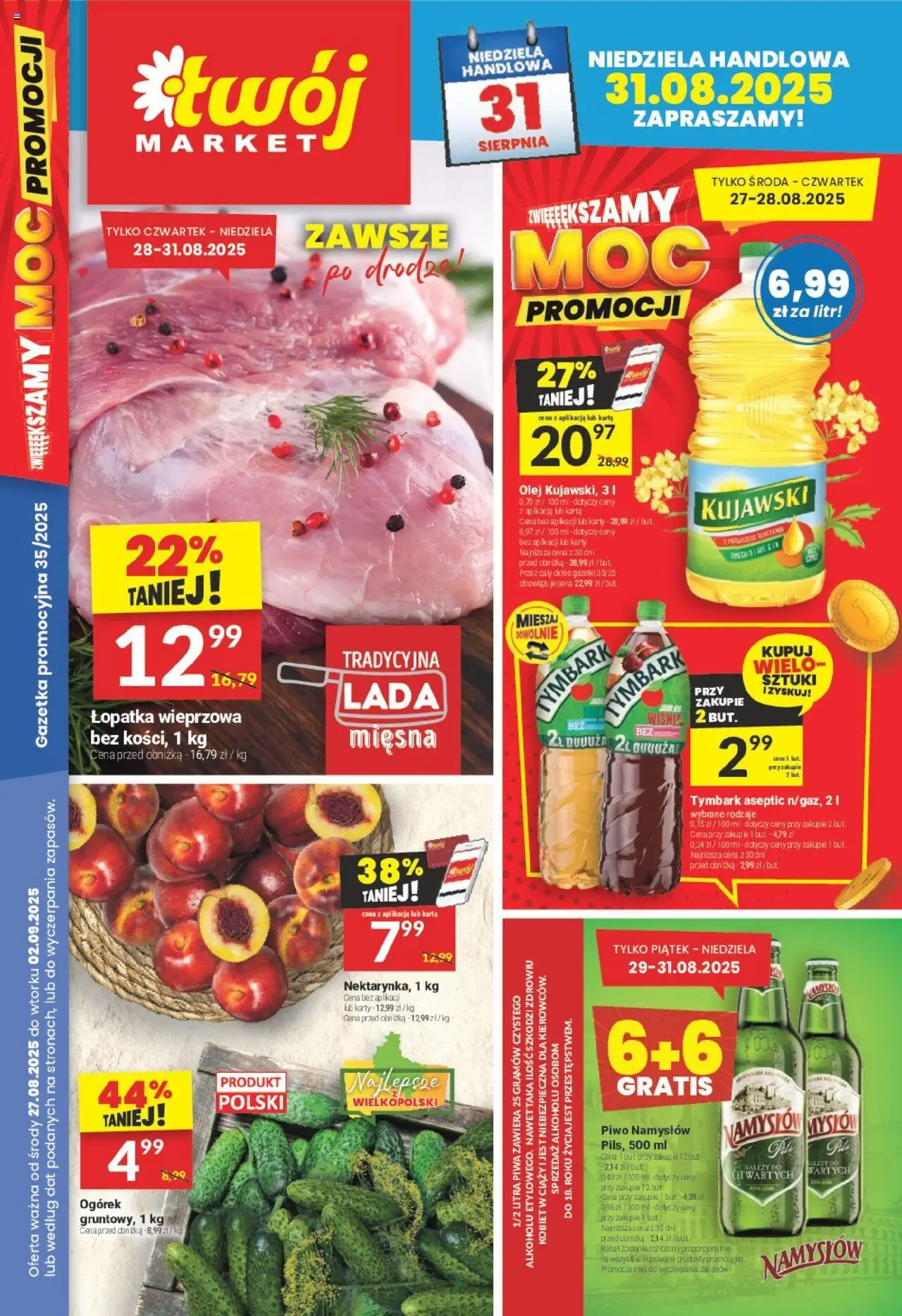Twój Market Gazetka od 27.08.2025 | Strona: 1 | Produkty: Łopatka wieprzowa, Olej, Piwo, Piwo Namysłów