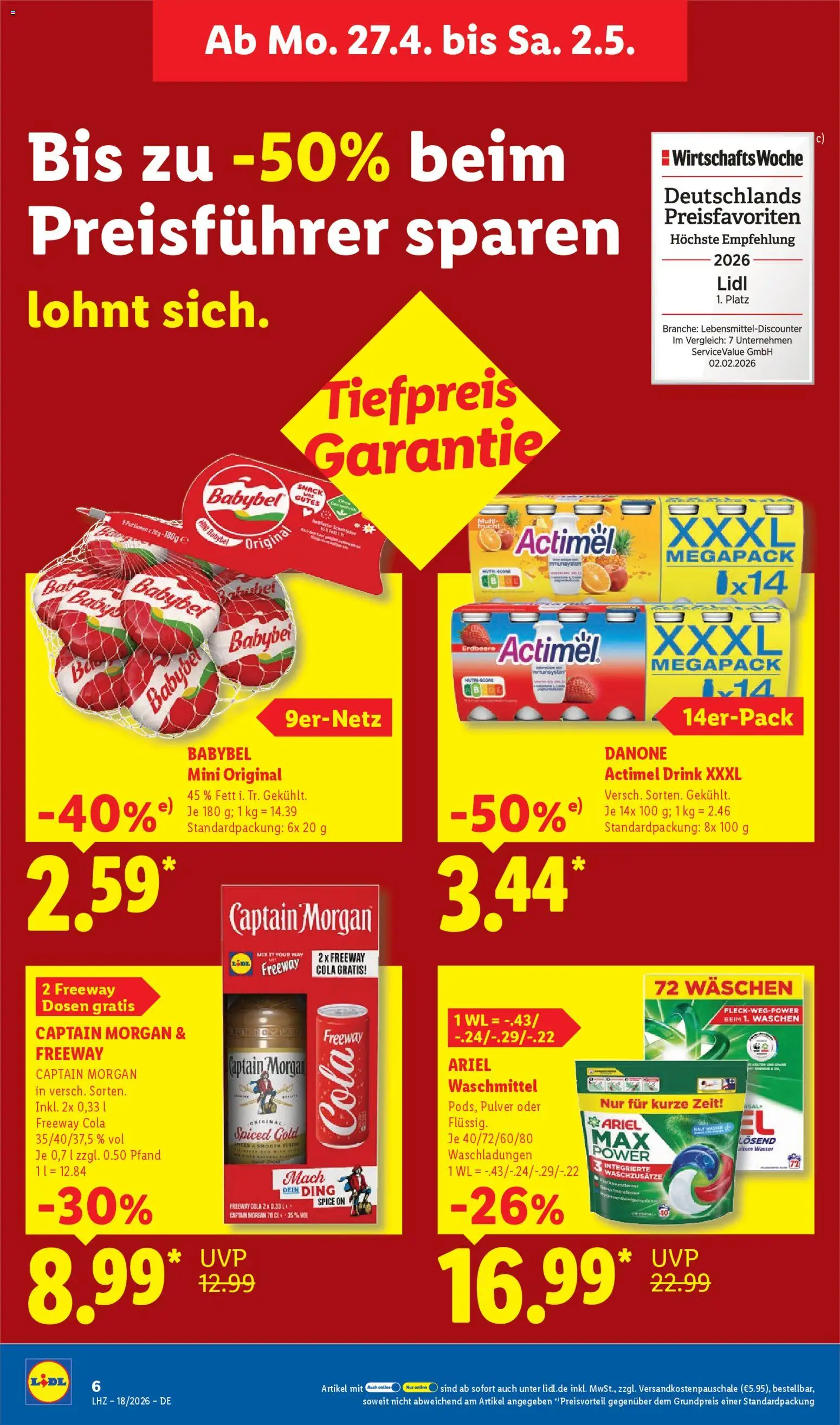 Lidl Prospekt – gültig ab 27.04.2026 | Seite: 14 | Produkte: Cola, Wasser, Waschmittel, Captain morgan