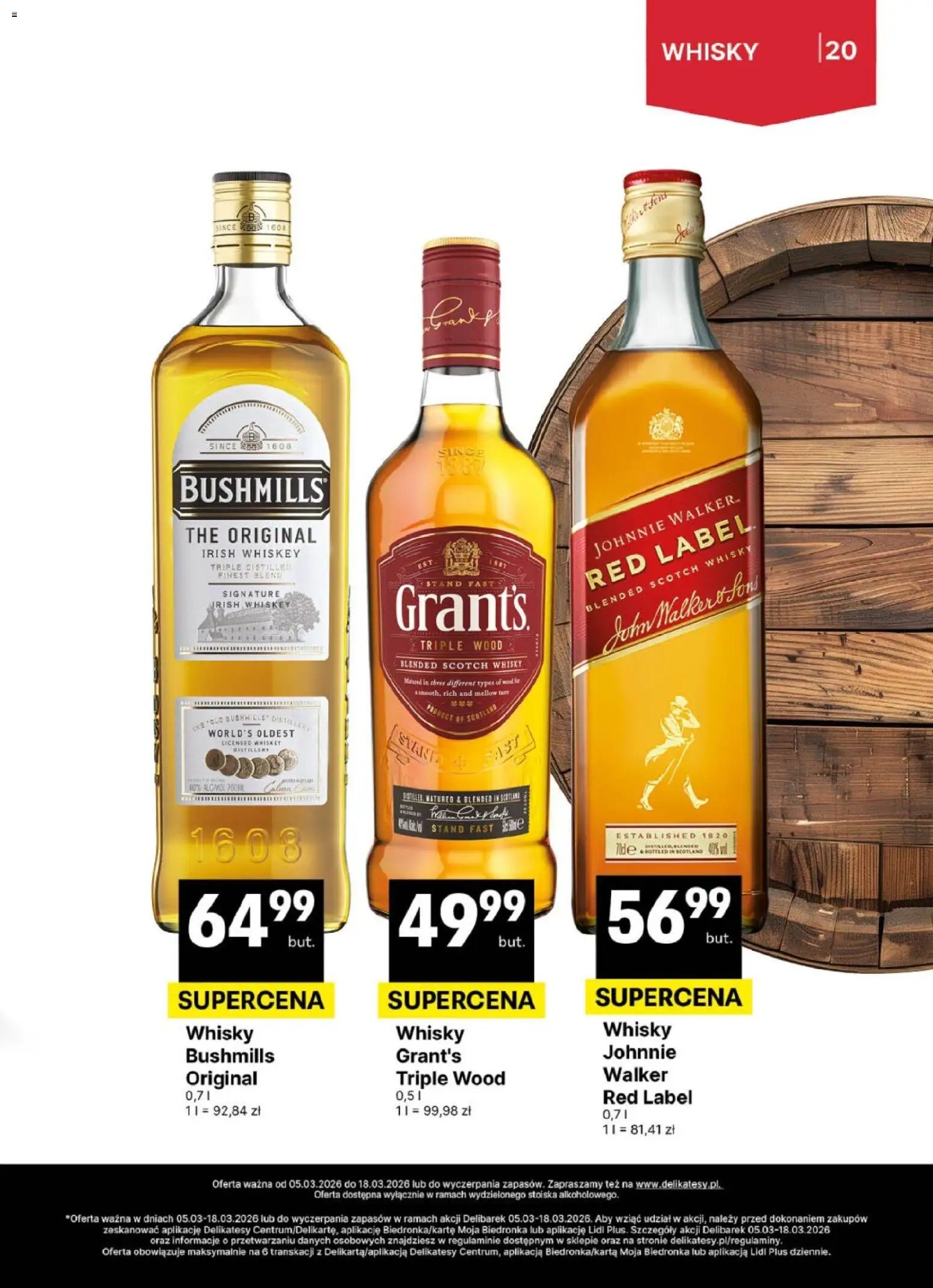 Delikatesy Centrum gazetka - DeliBarek od 05.03.2026 | Strona: 20 | Produkty: Grant's, Whisky Bushmills, Red label, Whisky