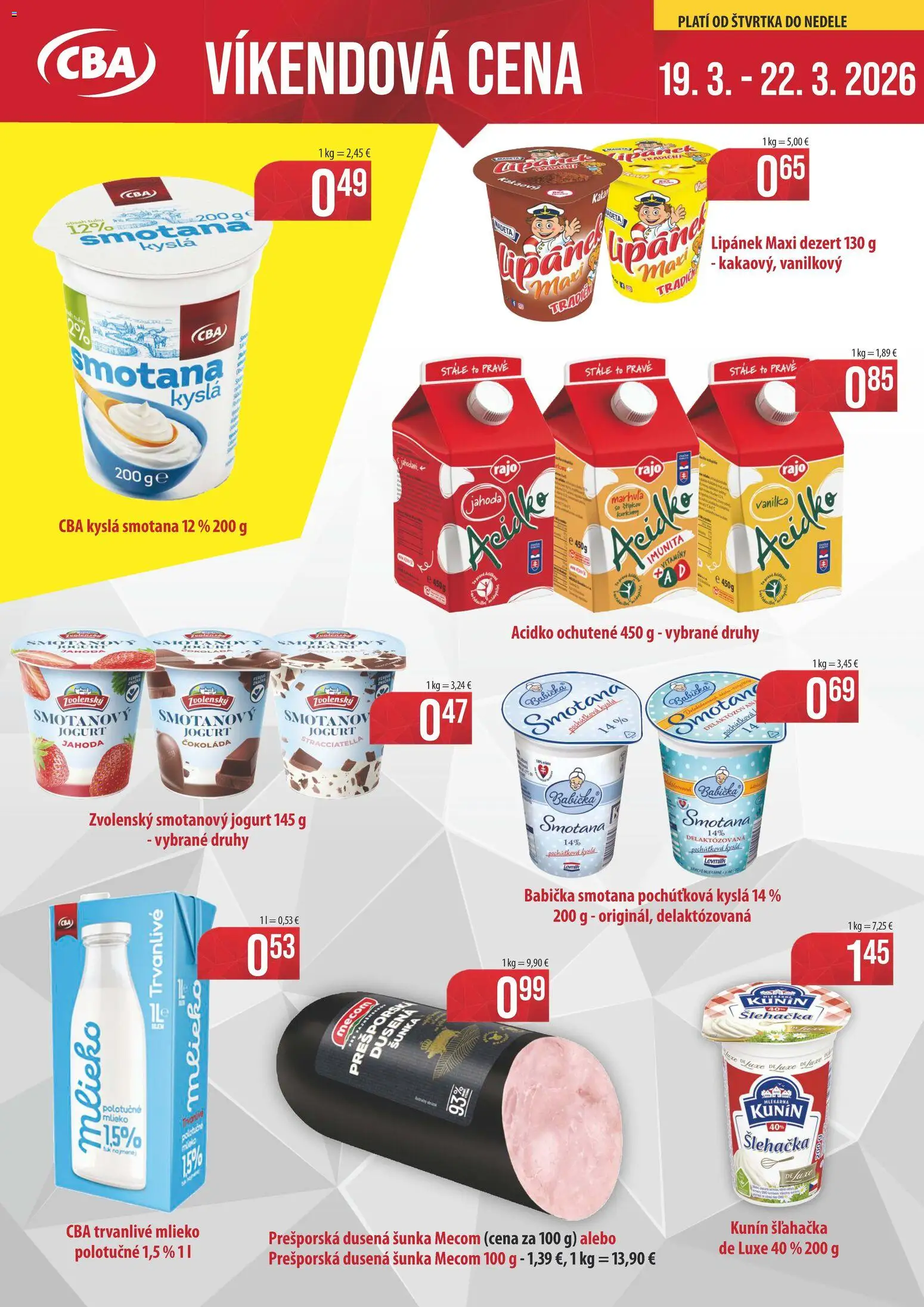 Nové CBA Komfos akcie – leták je platný od 19.03.2026 | Strana: 1 | Produkty: Jogurt, Smotana, Acidko, Trvanlivé mlieko