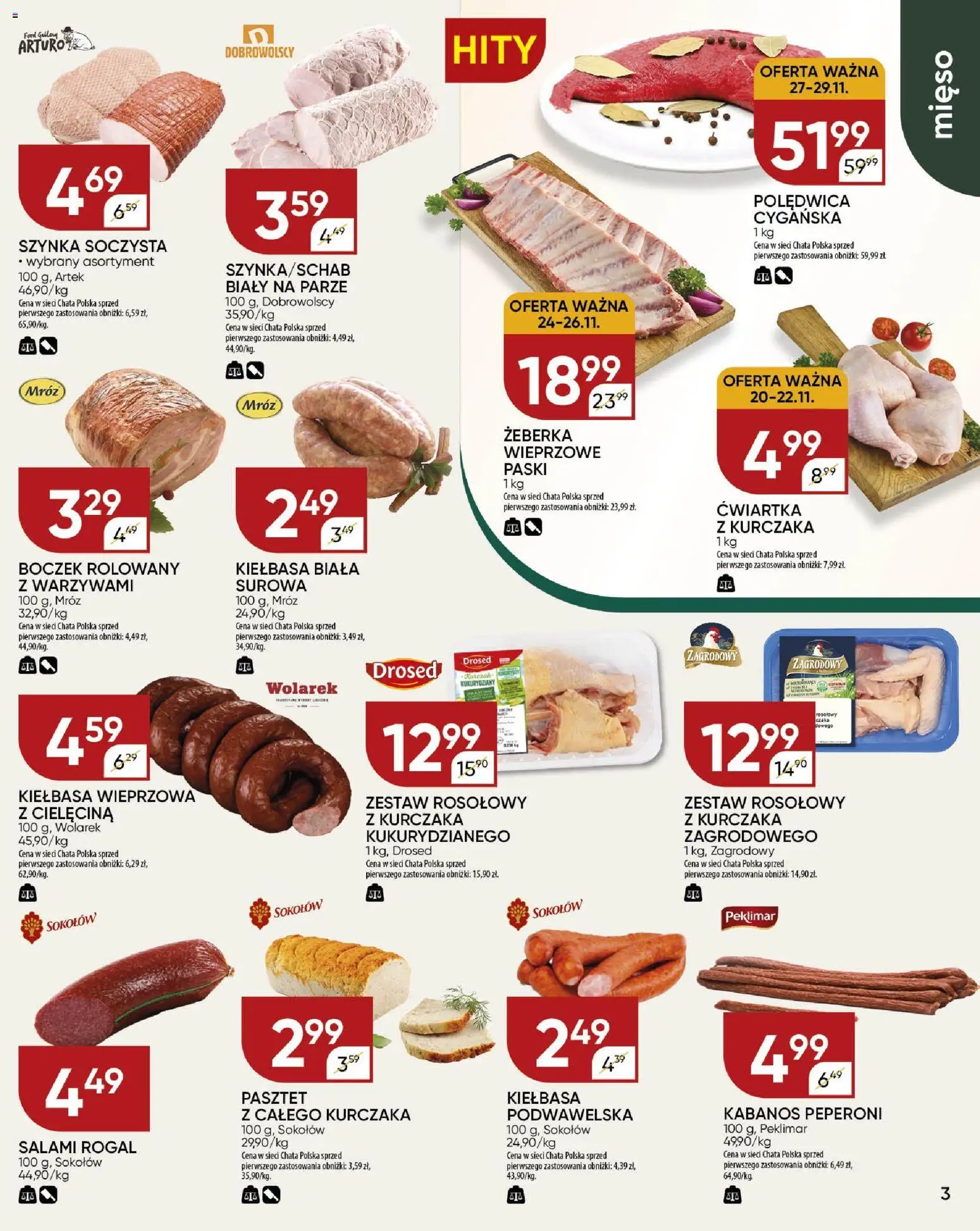 Chata Polska Gazetka od 20.11.2025 | Strona: 3 | Produkty: Kiełbasa, Mięso, Szynka, Boczek