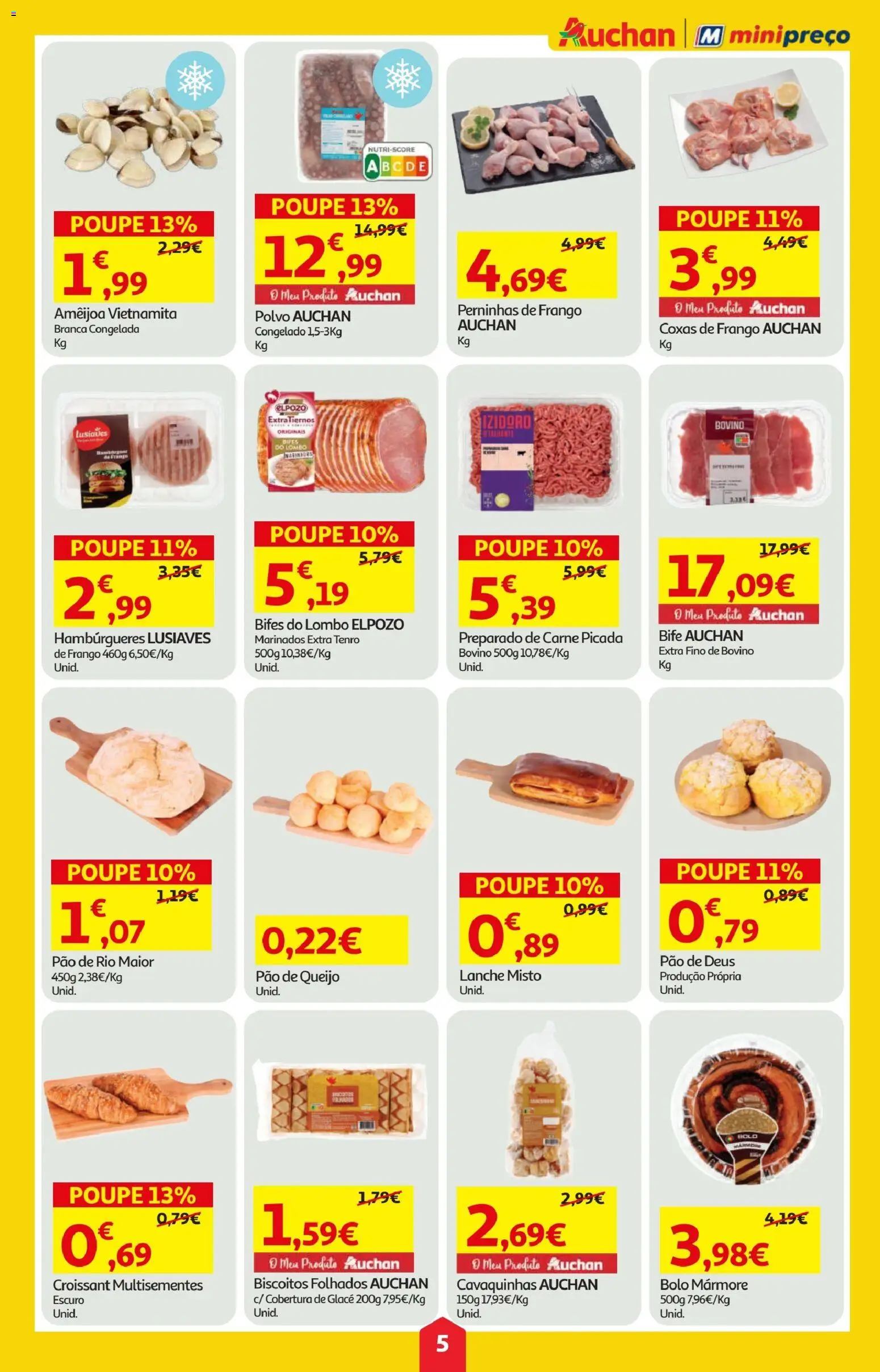 Minipreço folheto │ válido de 23.04.2026 | Página: 5 | Produtos: Pão de queijo, Bolo, Carne picada, Lombo