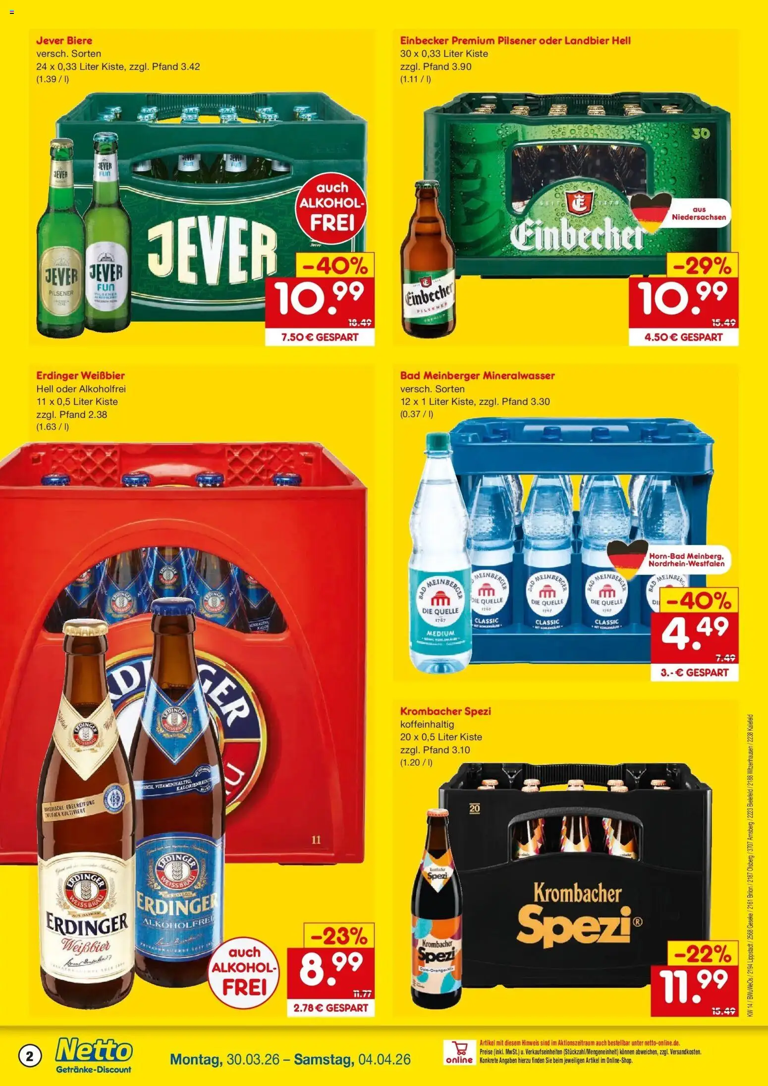 Netto Marken-Discount Prospekt Kalefeld	 – gültig ab 30.03.2026 | Seite: 2 | Produkte: Bad, Mineralwasser, Jever, Krombacher