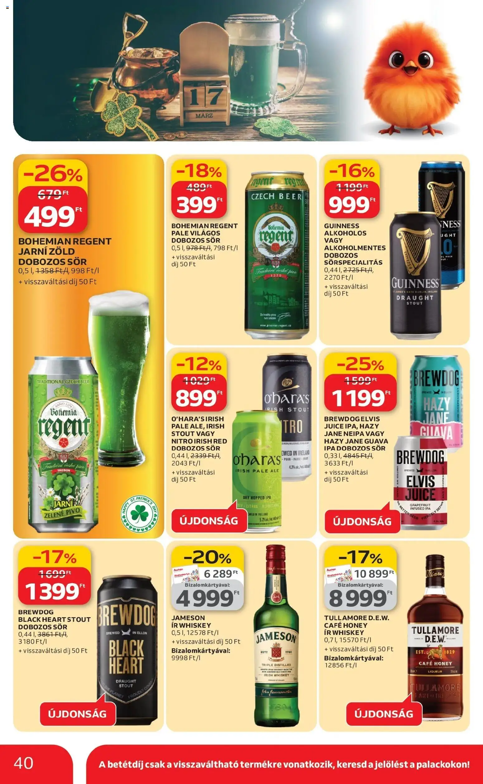 Auchan akciós ujság - amely érvényes a következő dátumtól: 12.03.2026 | Oldal: 40 | Termékek: Irish whiskey, Dobozos sör, Sör, Grapefruit